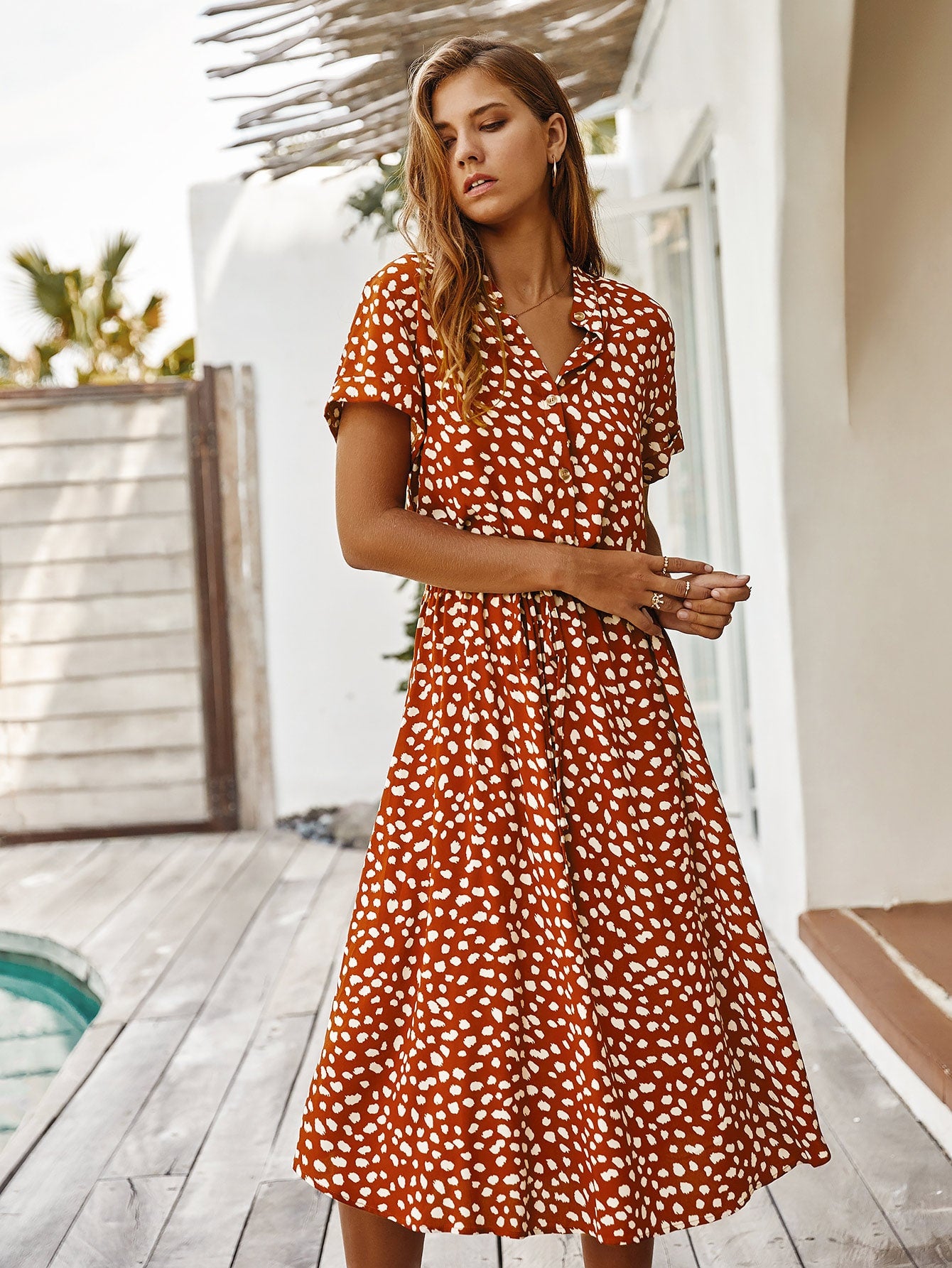 Vestido Midi Chemise Feminino Com Manga Curta