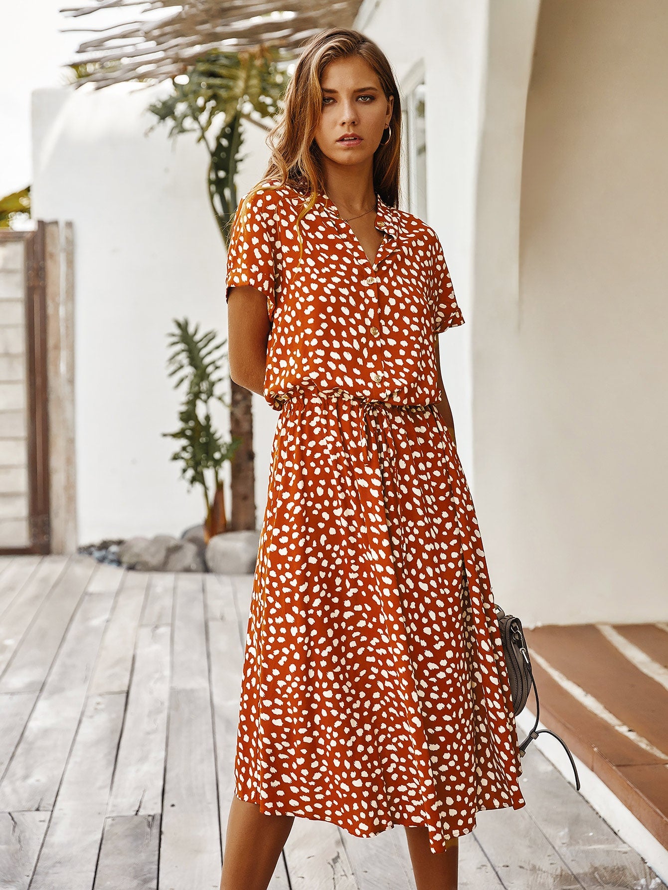 Vestido Midi Chemise Feminino Com Manga Curta