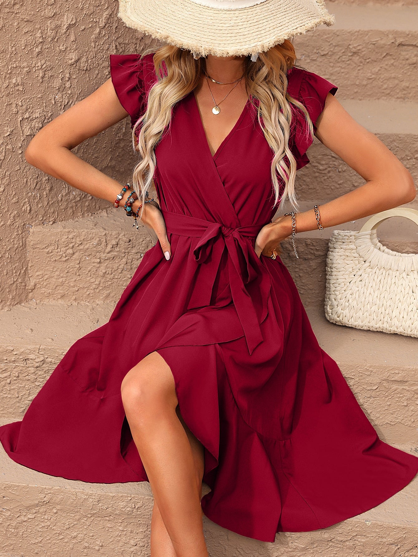 Vestido Midi Envelope Com Amarração Na Cintura