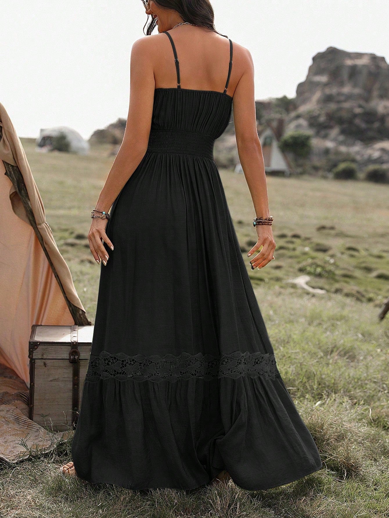 Vestido Longo De Alça Com Detalhe Rendado Boho