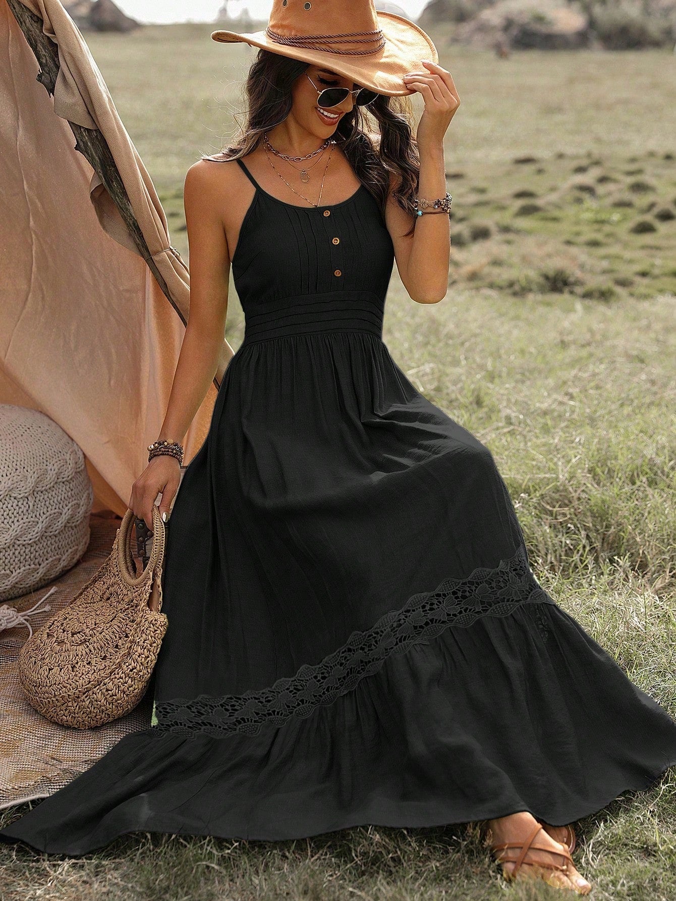 Vestido Longo De Alça Com Detalhe Rendado Boho