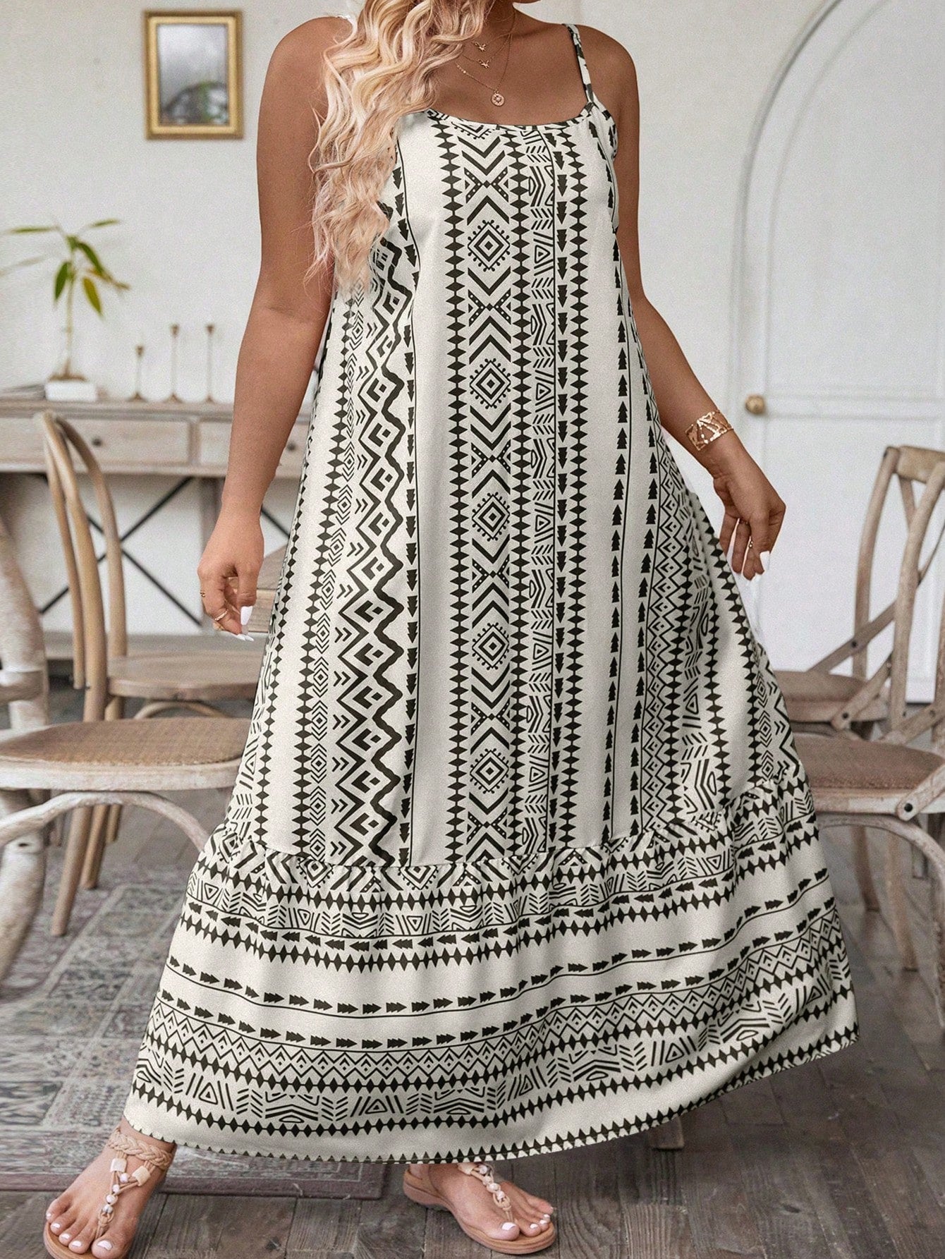 Vestido Longo Estampado Étnico Com Alças Finas