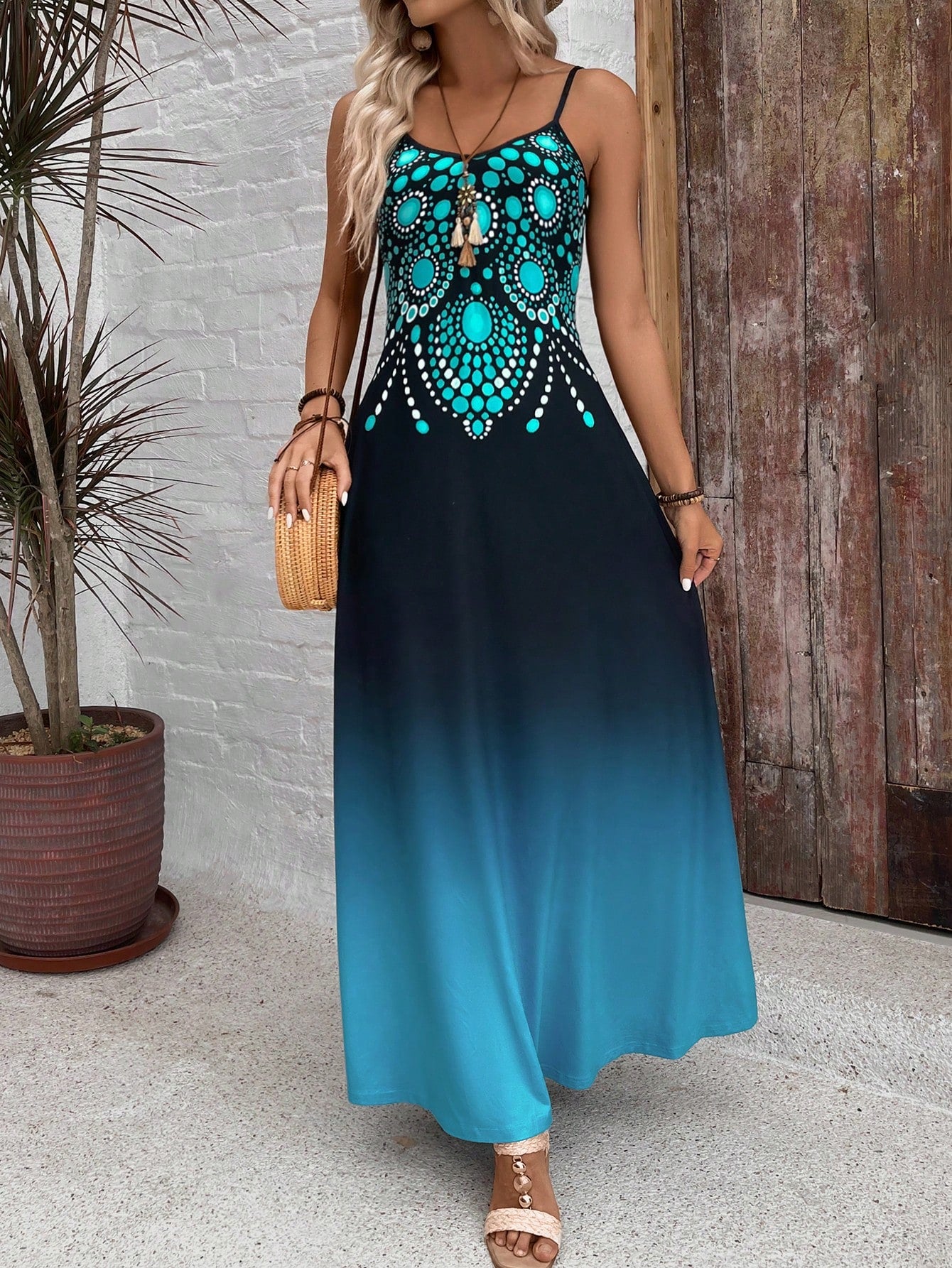 Vestido Longo Ombre Com Estampa Boho E Alças Finas