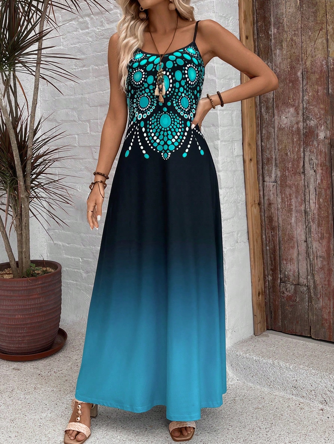 Vestido Longo Ombre Com Estampa Boho E Alças Finas