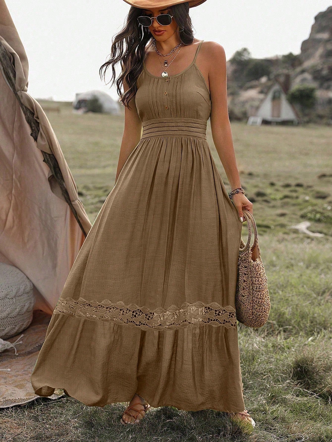 Vestido Longo De Alça Com Detalhe Rendado Boho