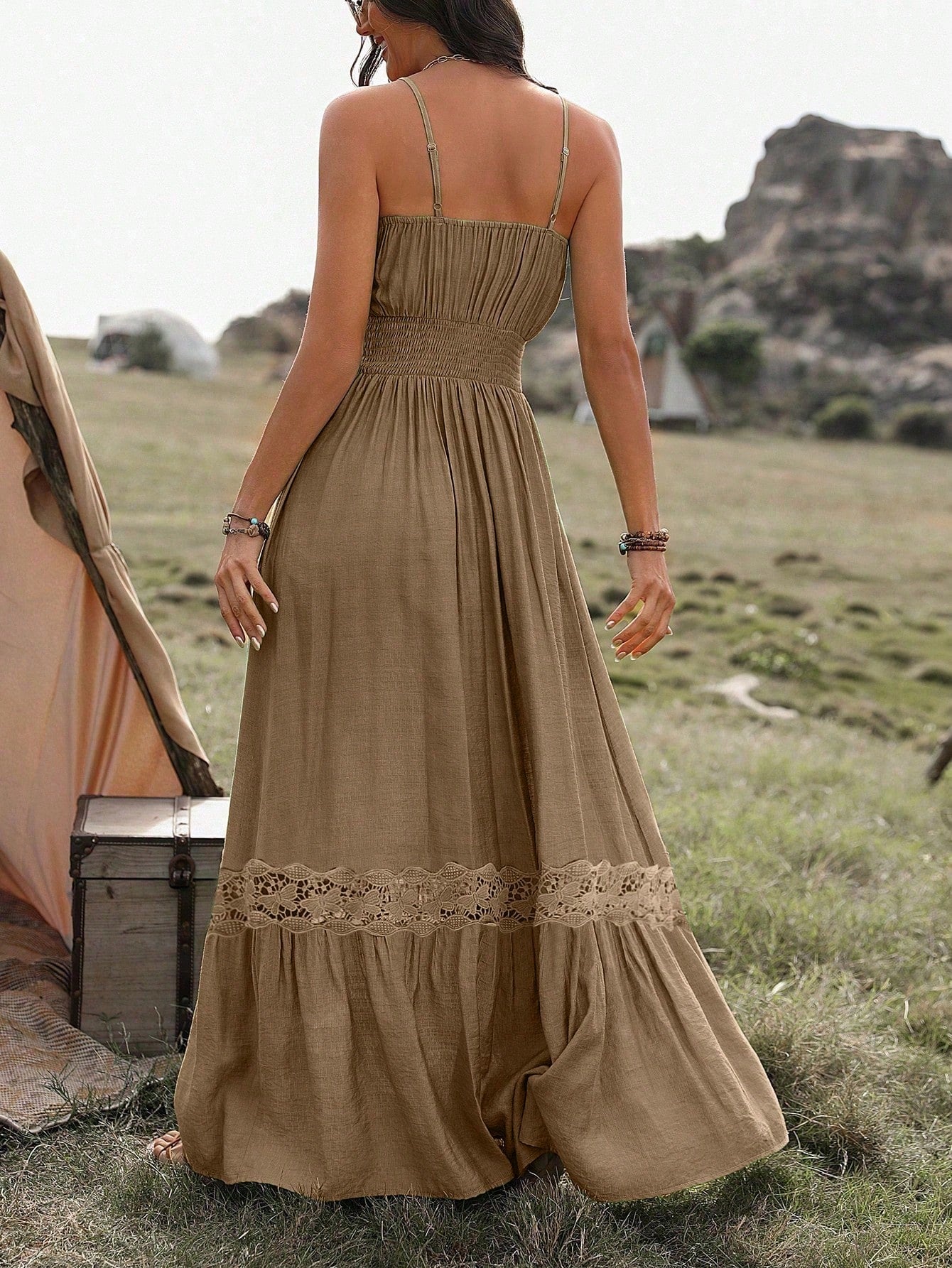 Vestido Longo De Alça Com Detalhe Rendado Boho