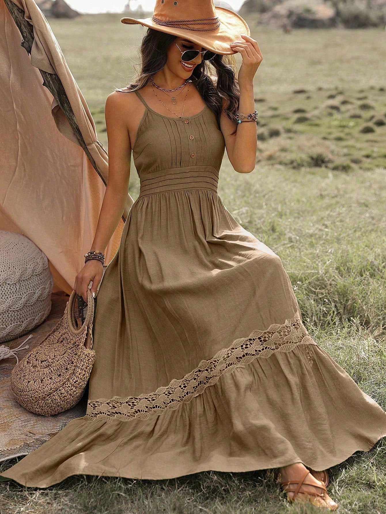 Vestido Longo De Alça Com Detalhe Rendado Boho