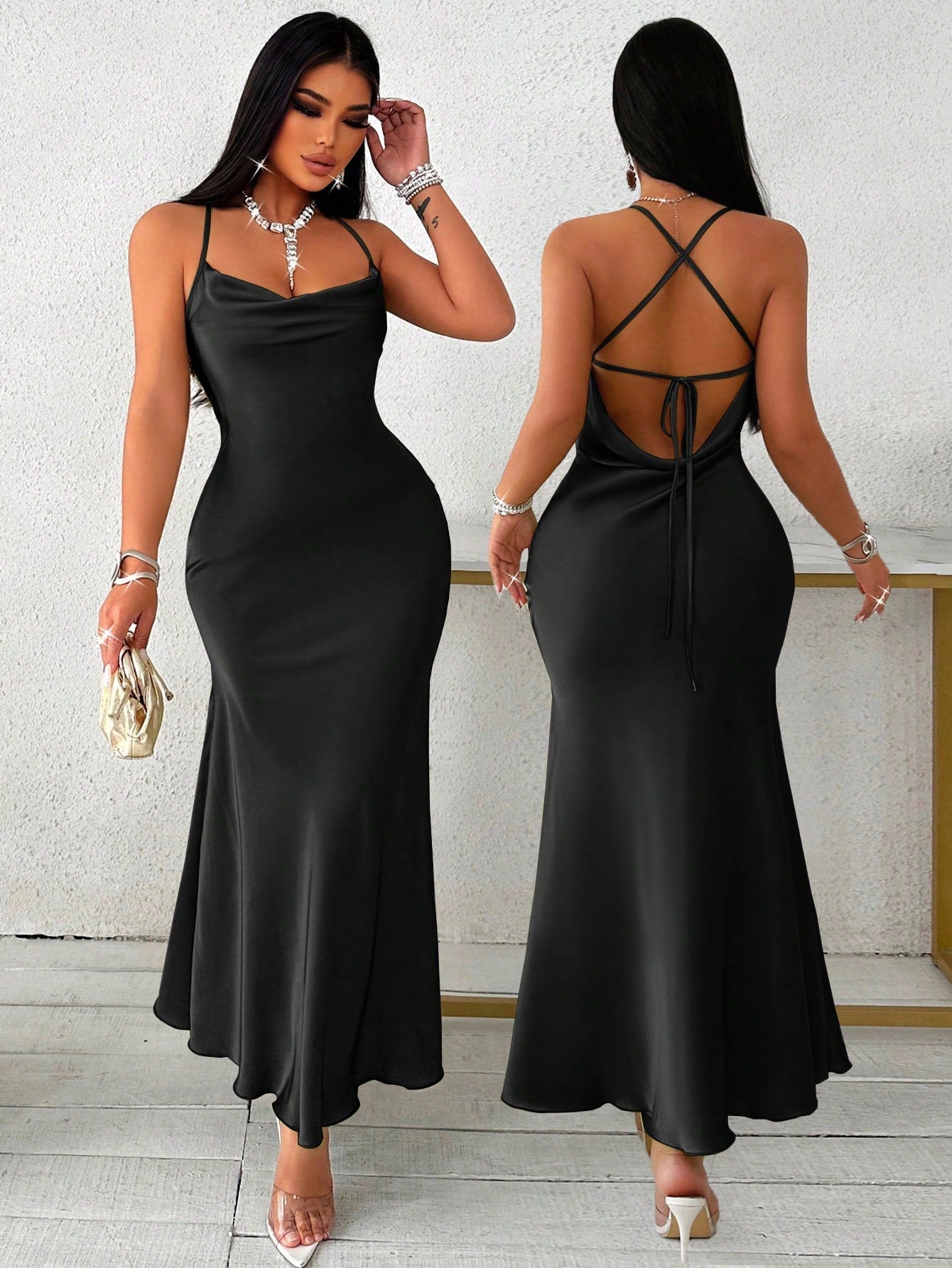 Vestido Longo De Cetim Com Decote Draped