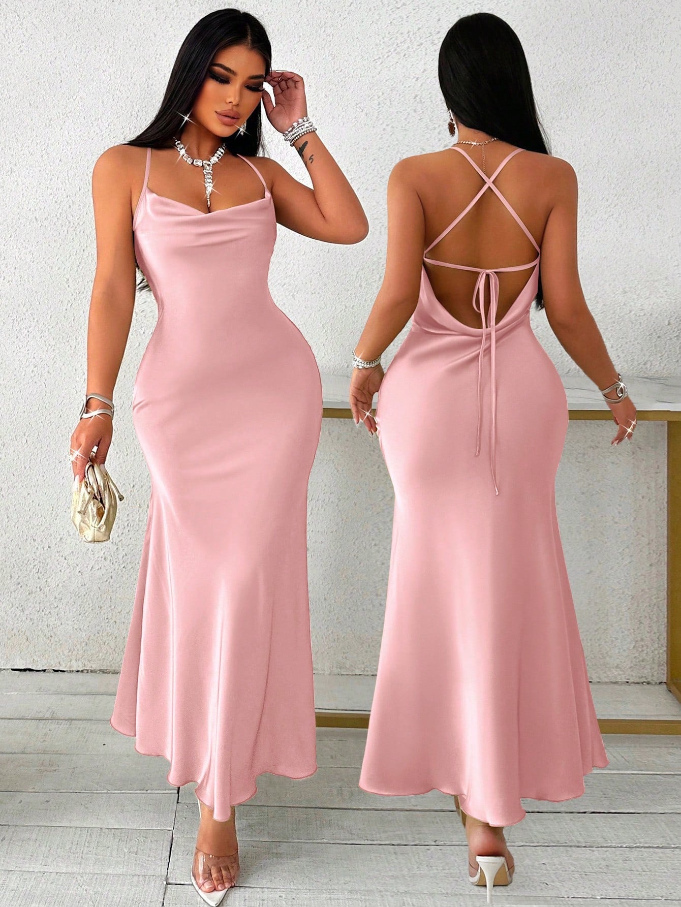 Vestido Longo De Cetim Com Decote Draped