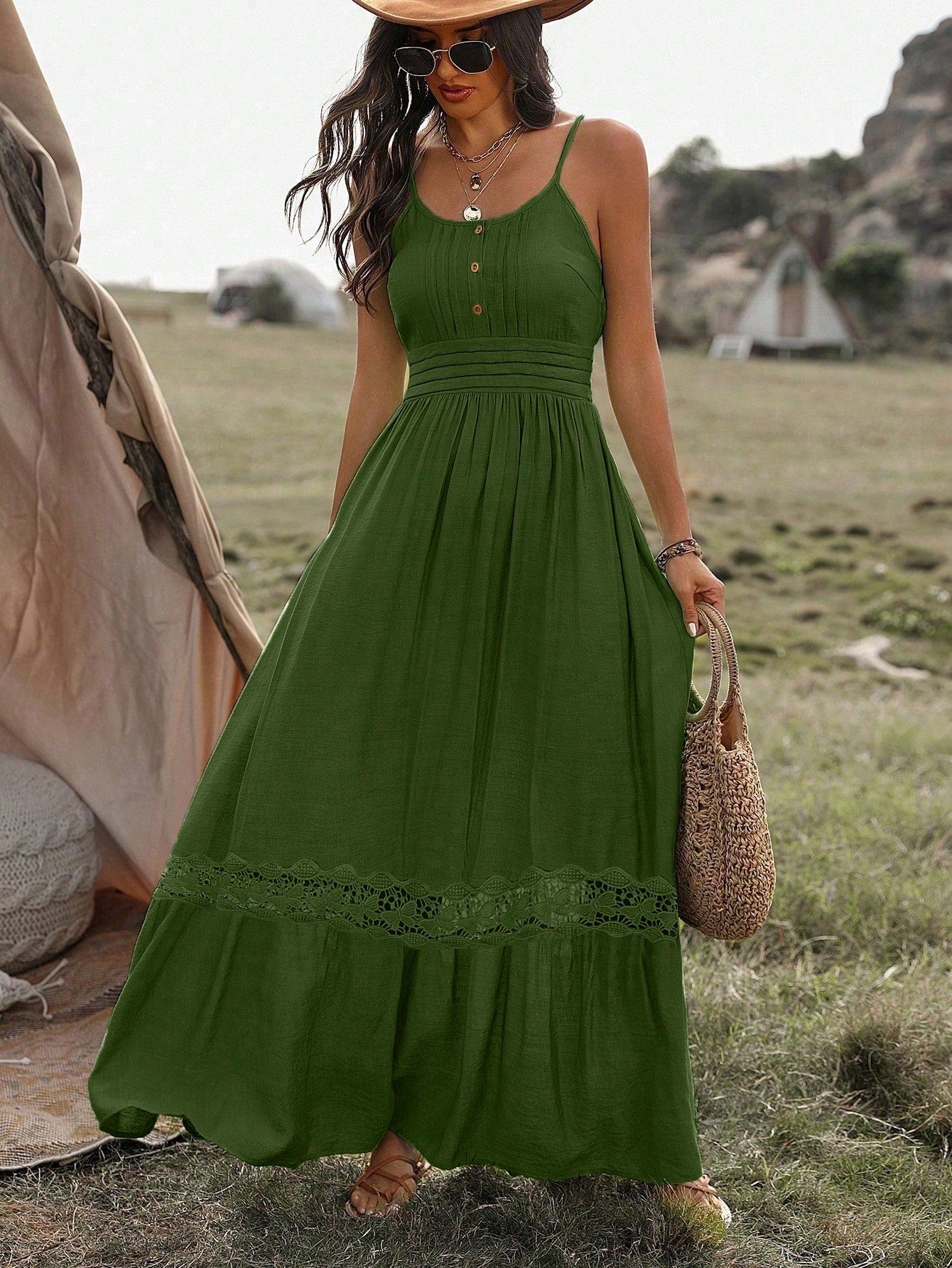 Vestido Longo De Alça Com Detalhe Rendado Boho