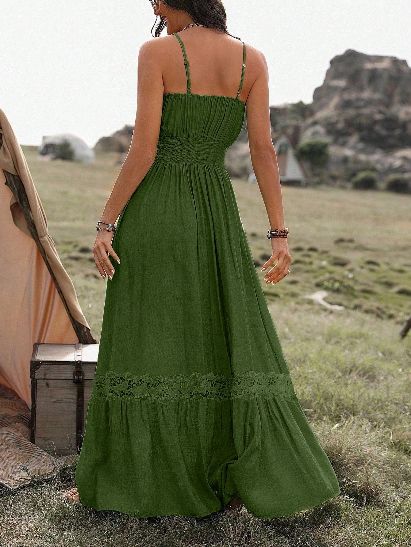 Vestido Longo De Alça Com Detalhe Rendado Boho