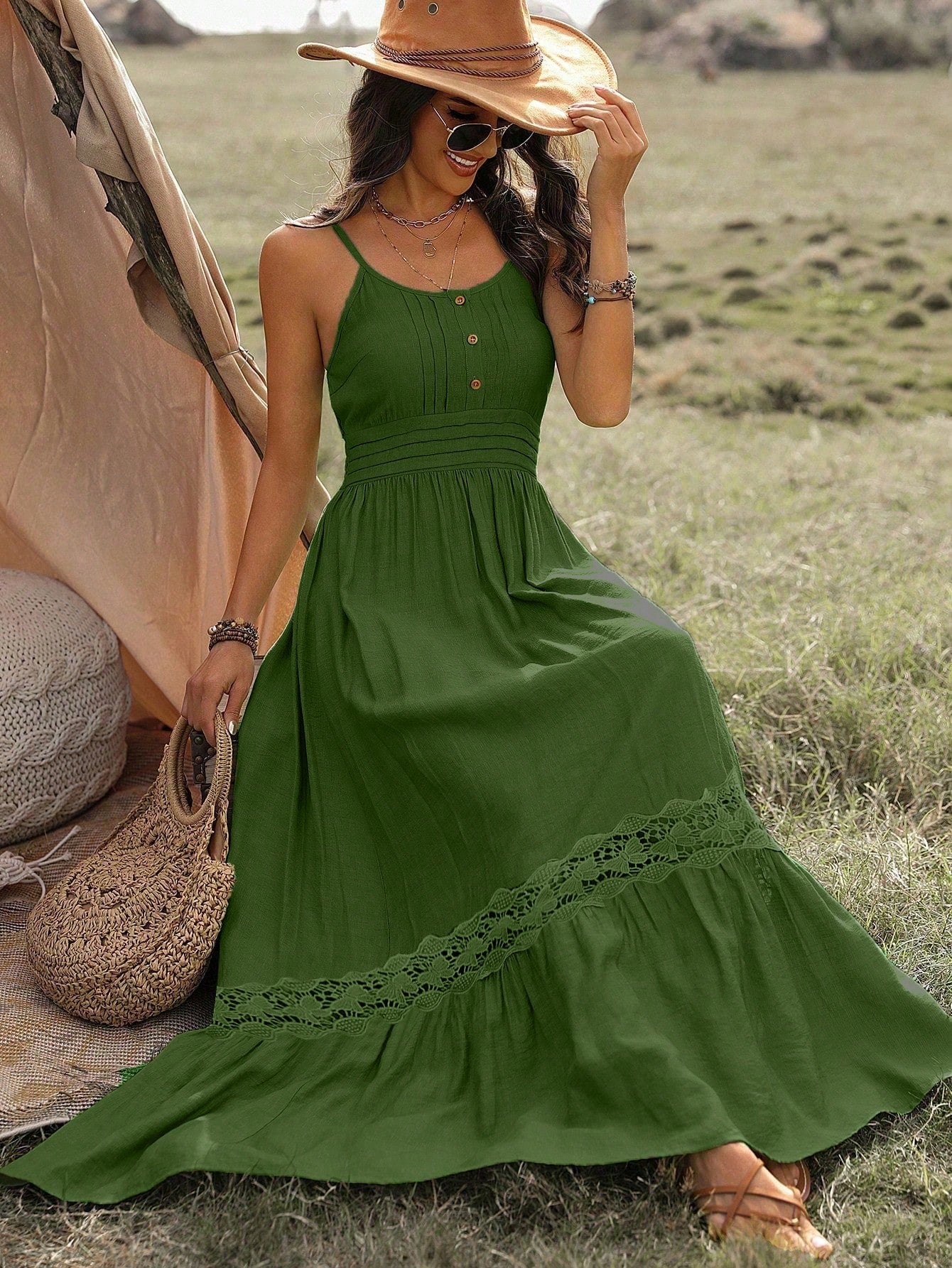 Vestido Longo De Alça Com Detalhe Rendado Boho