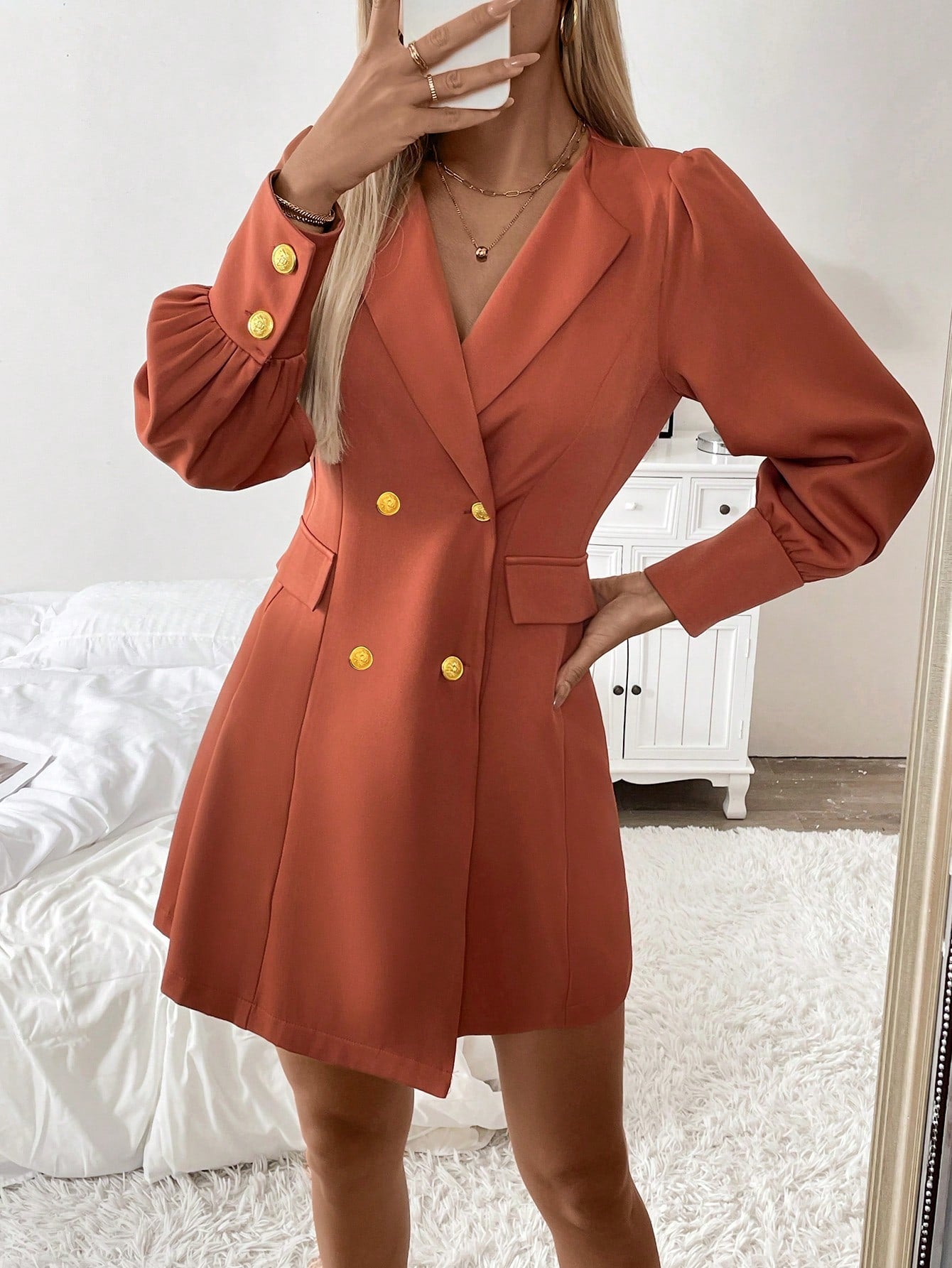 Vestido Blazer Curto Elegante Com Manga Bufante E Botões