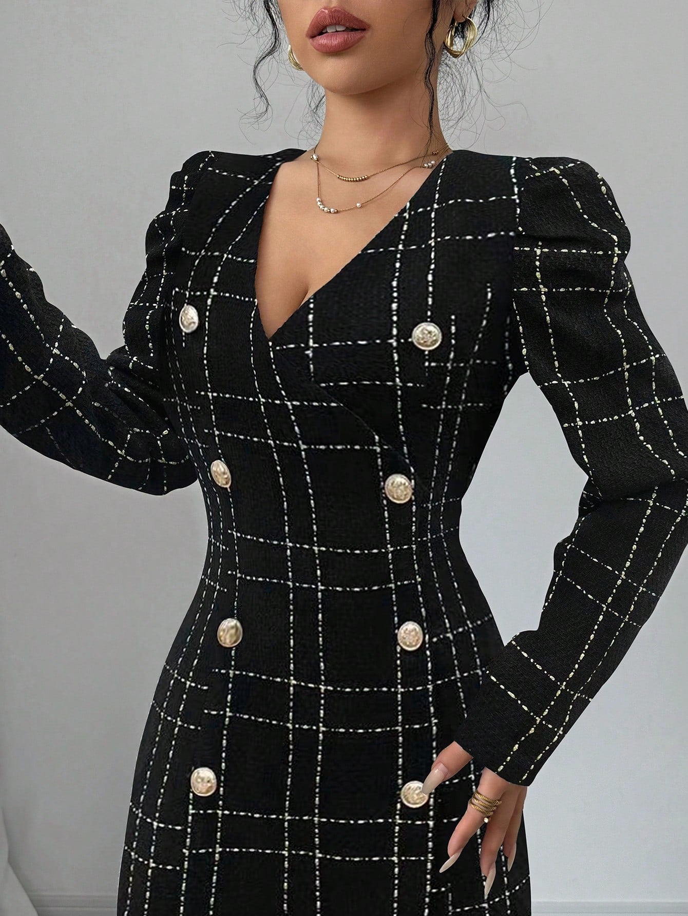 Vestido Blazer Curto Xadrez Manga Longa Com Botões