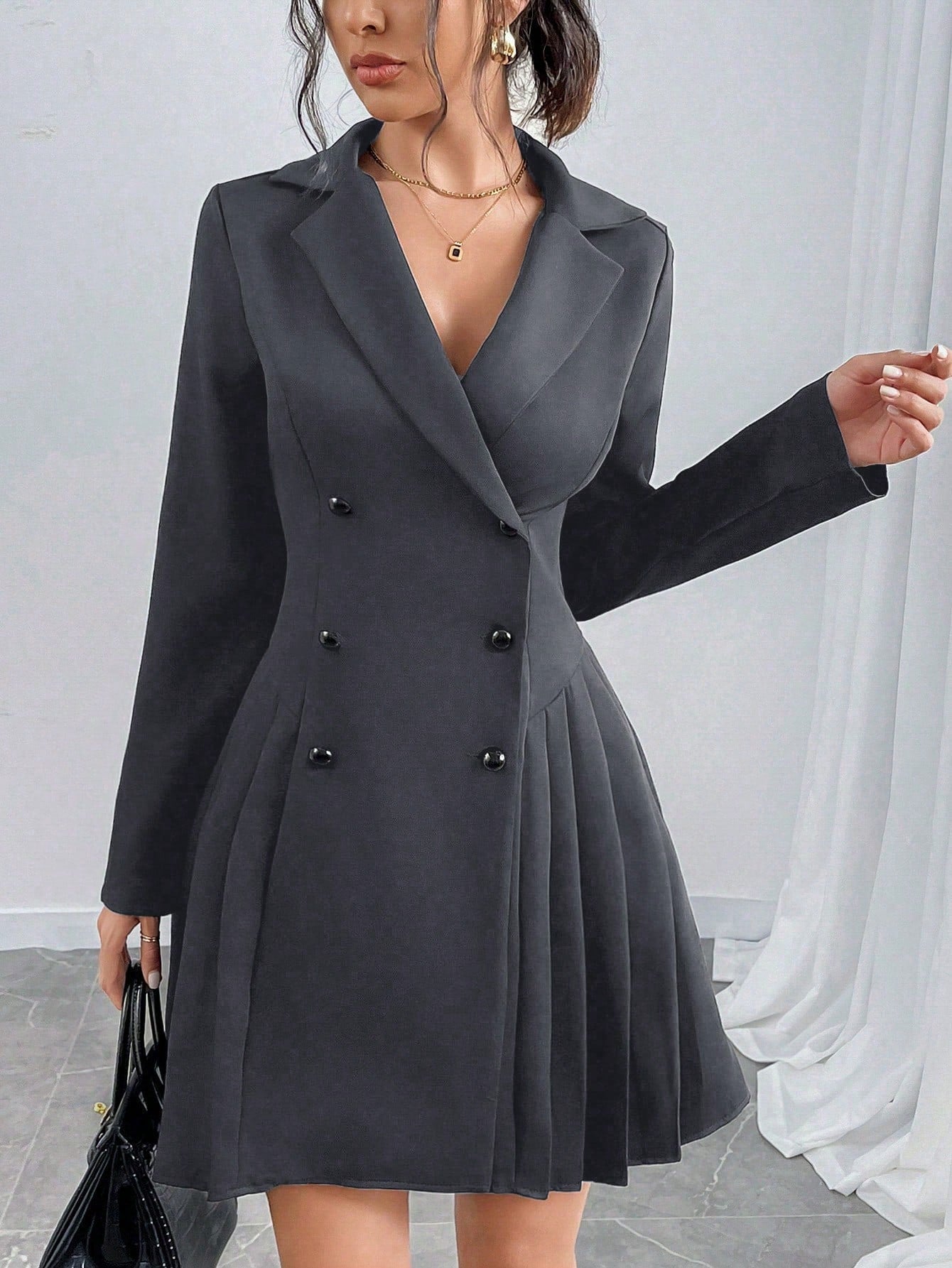 Vestido Blazer Curto Alfaiataria Plissado Com Botões