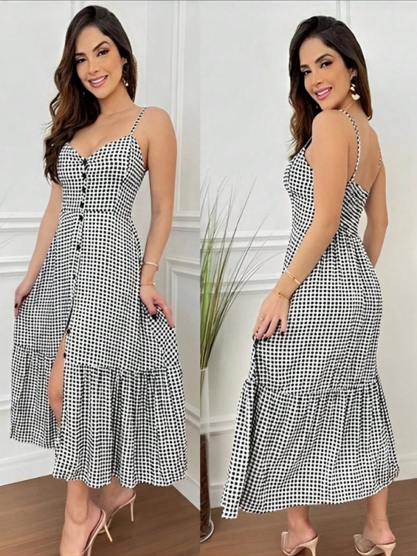 Vestido Midi De Alças Estampado Com Botões E Fenda