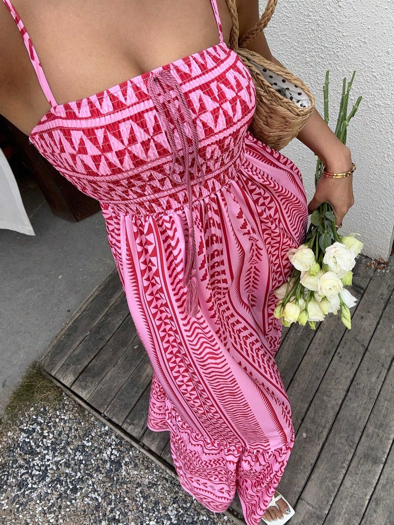 Vestido Midi Estampado Étnico com Alças Finas Ajustáveis
