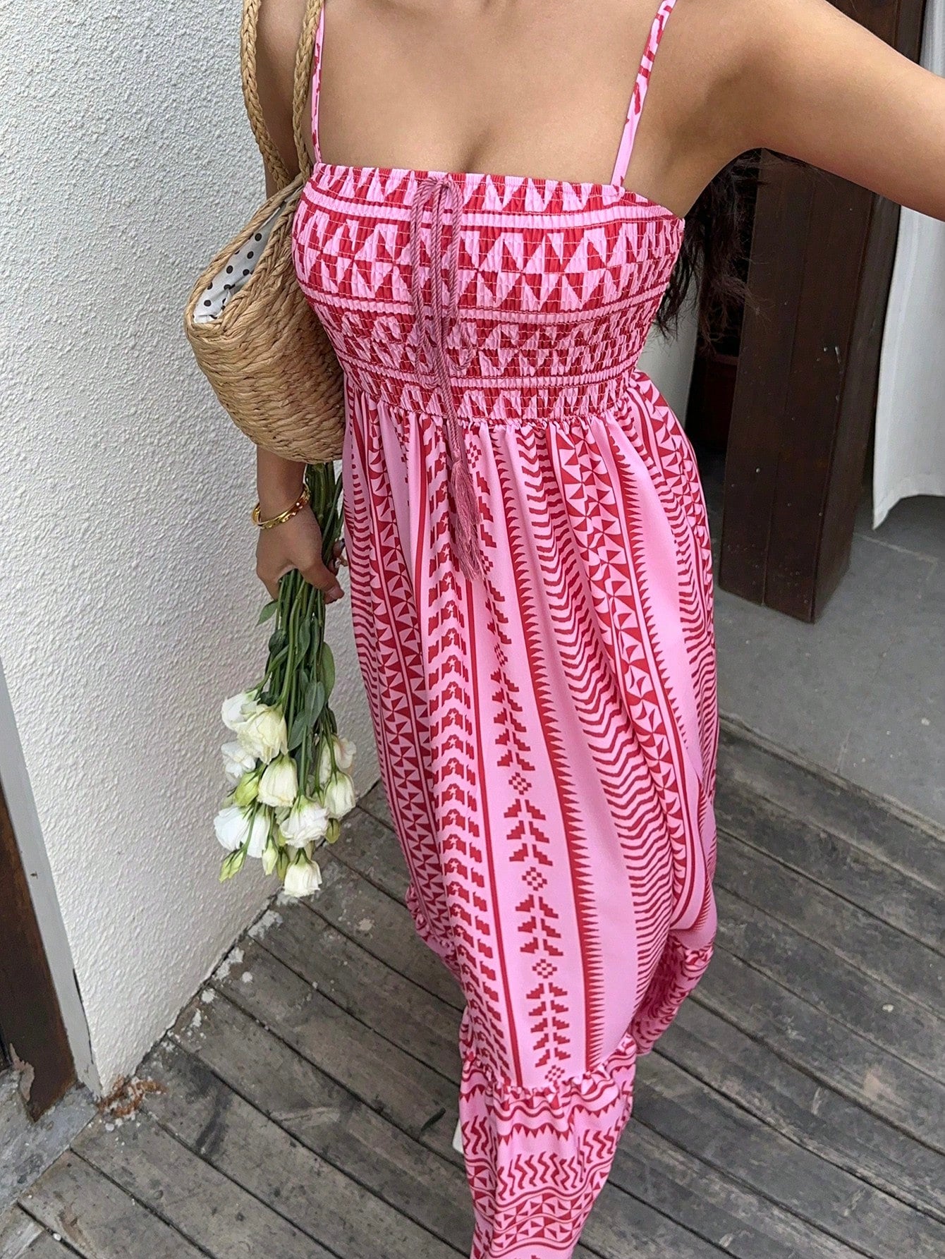 Vestido Midi Estampado Étnico com Alças Finas Ajustáveis