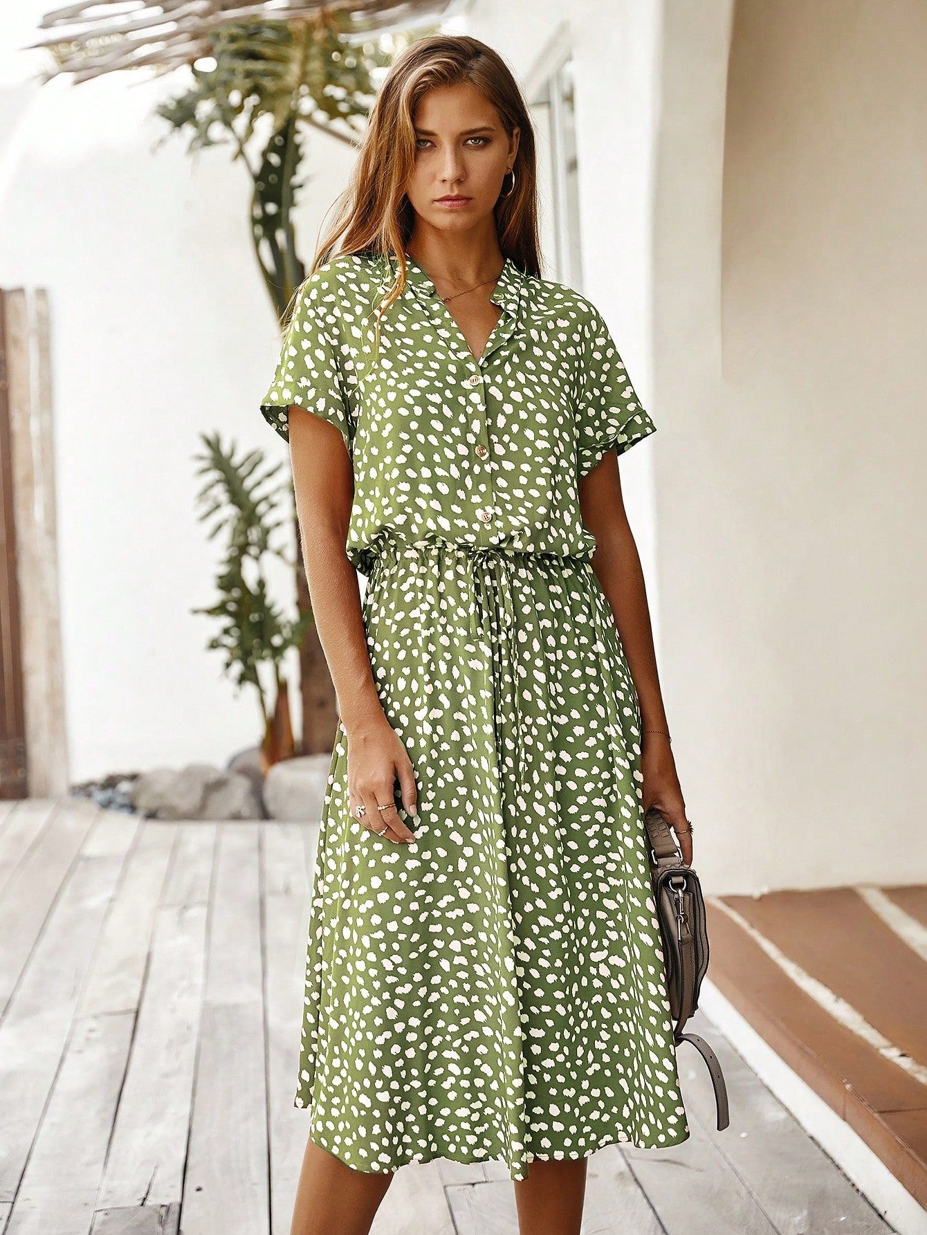 Vestido Midi Chemise Feminino Com Manga Curta