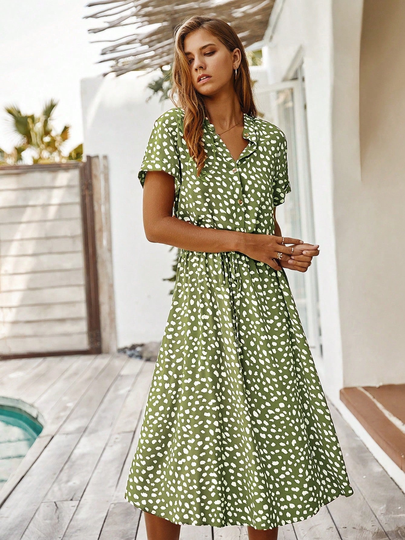 Vestido Midi Chemise Feminino Com Manga Curta