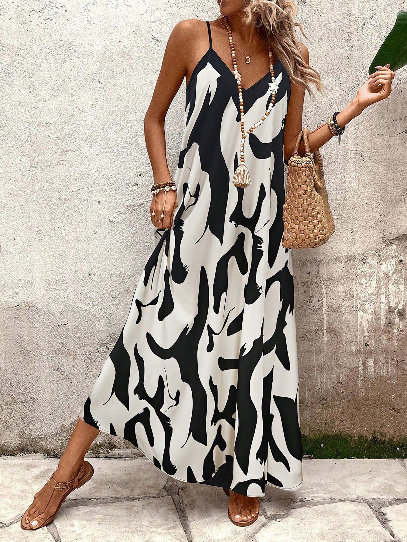Vestido Longo Estampado Soltinho Com Alças Finas