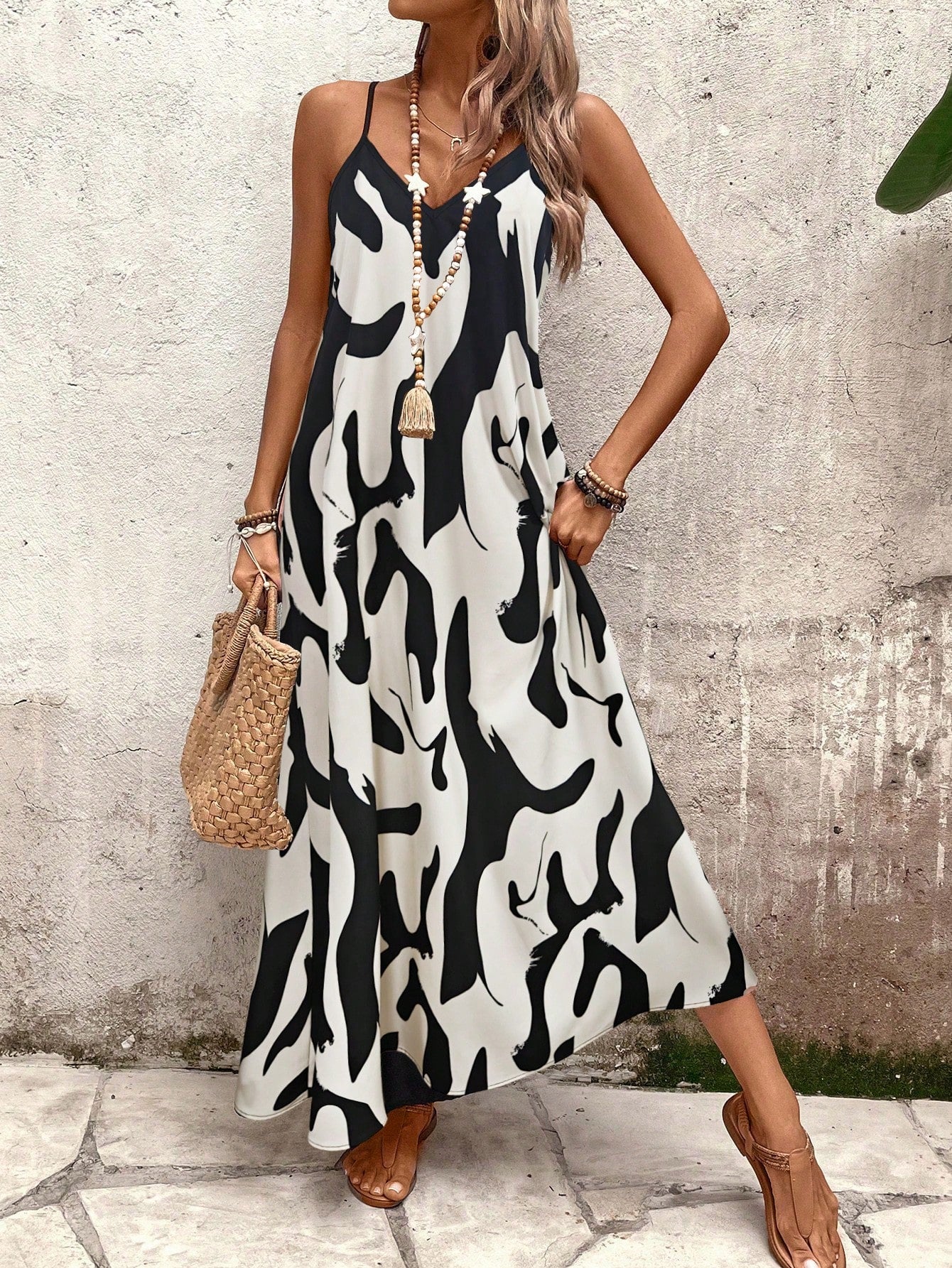 Vestido Longo Estampado Soltinho Com Alças Finas