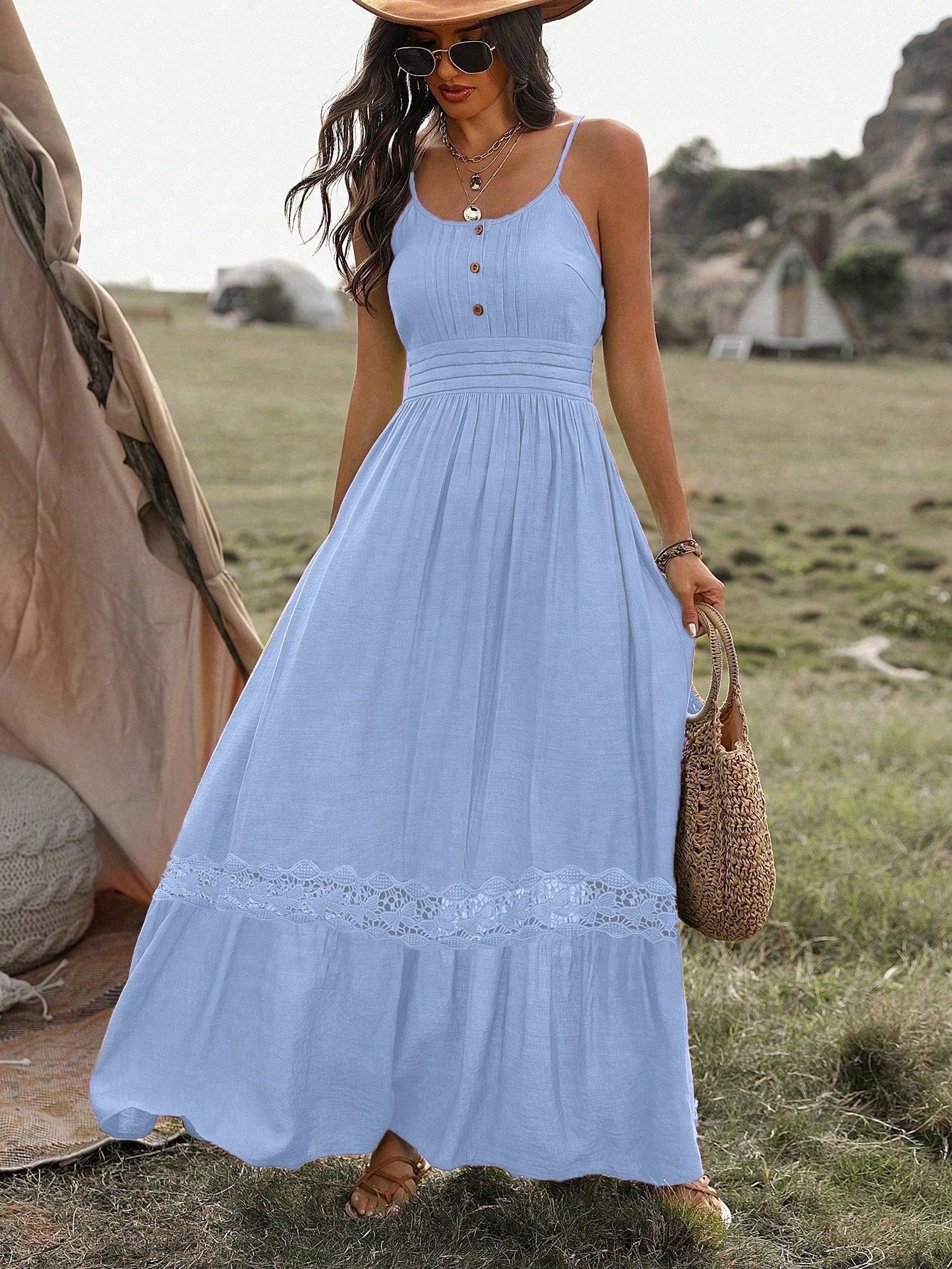 Vestido Longo De Alça Com Detalhe Rendado Boho
