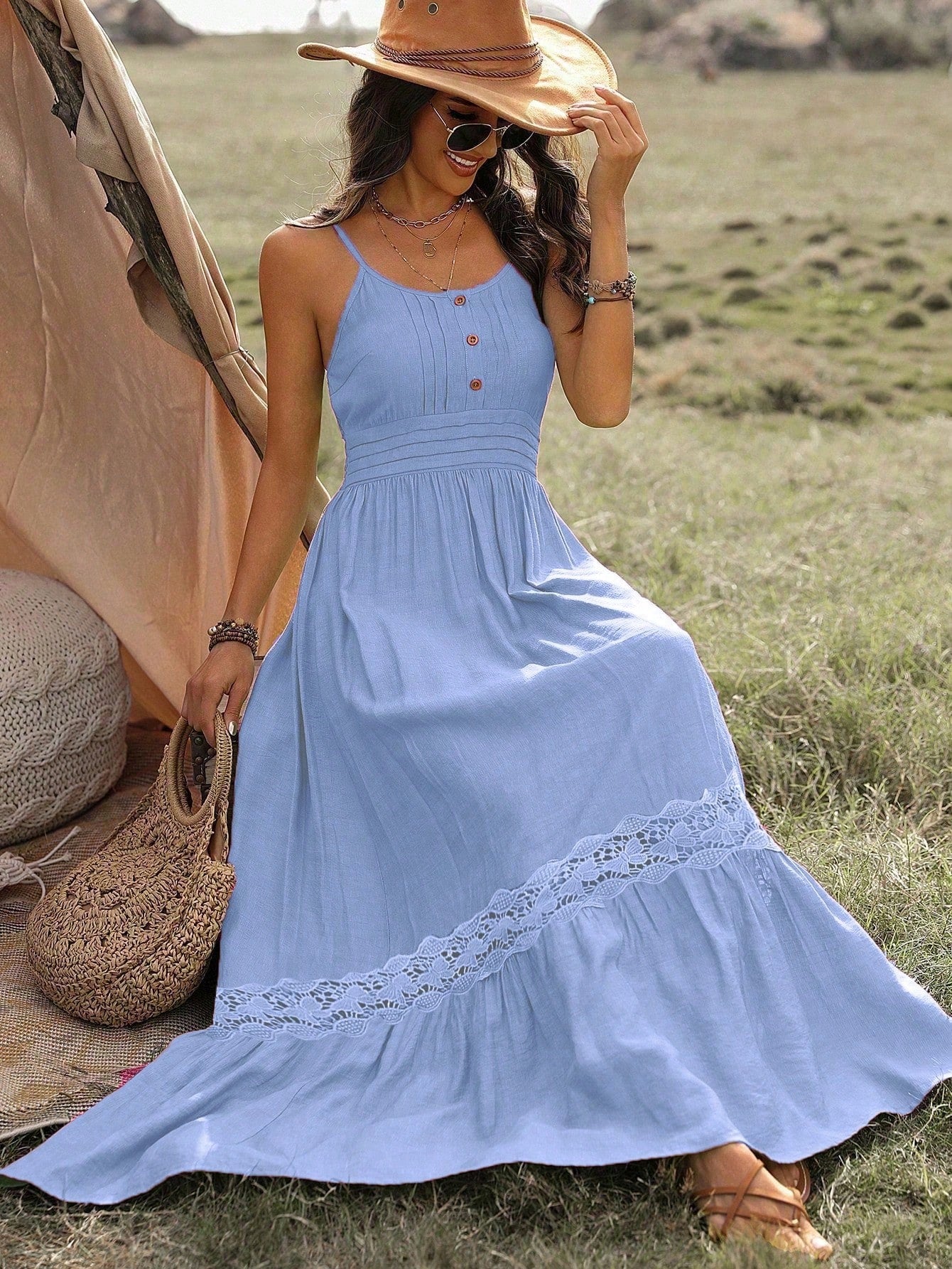 Vestido Longo De Alça Com Detalhe Rendado Boho