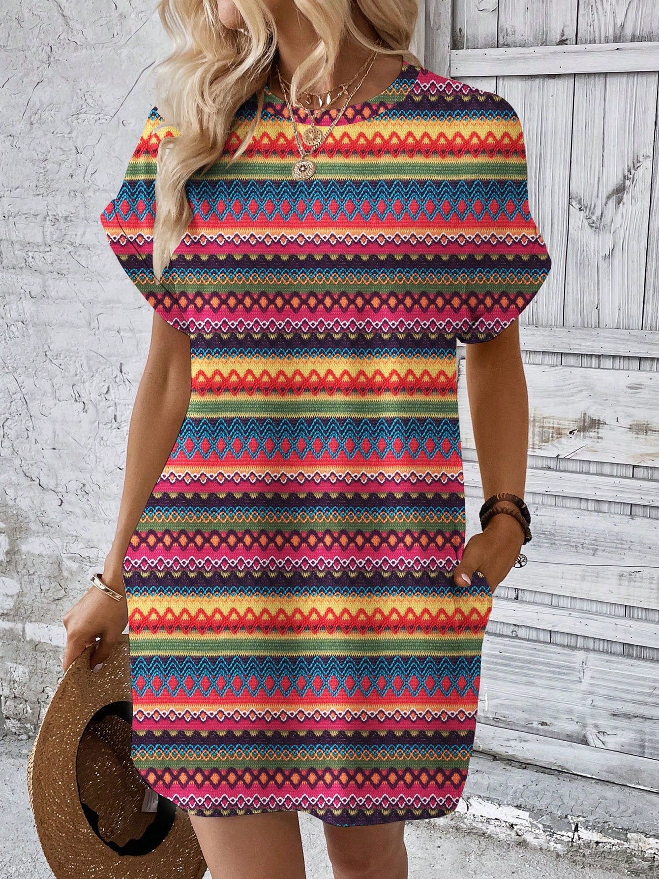 Vestido Curto Listrado Casual Com Bolsos Laterais