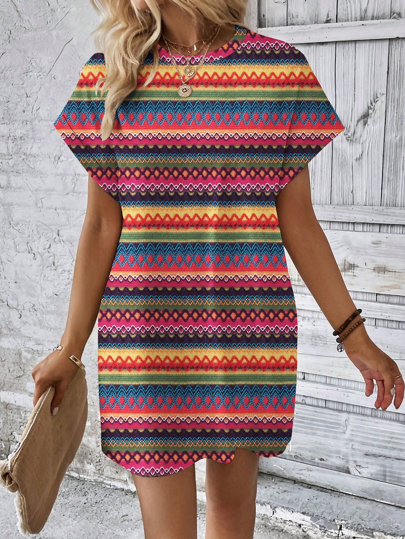 Vestido Curto Listrado Casual Com Bolsos Laterais