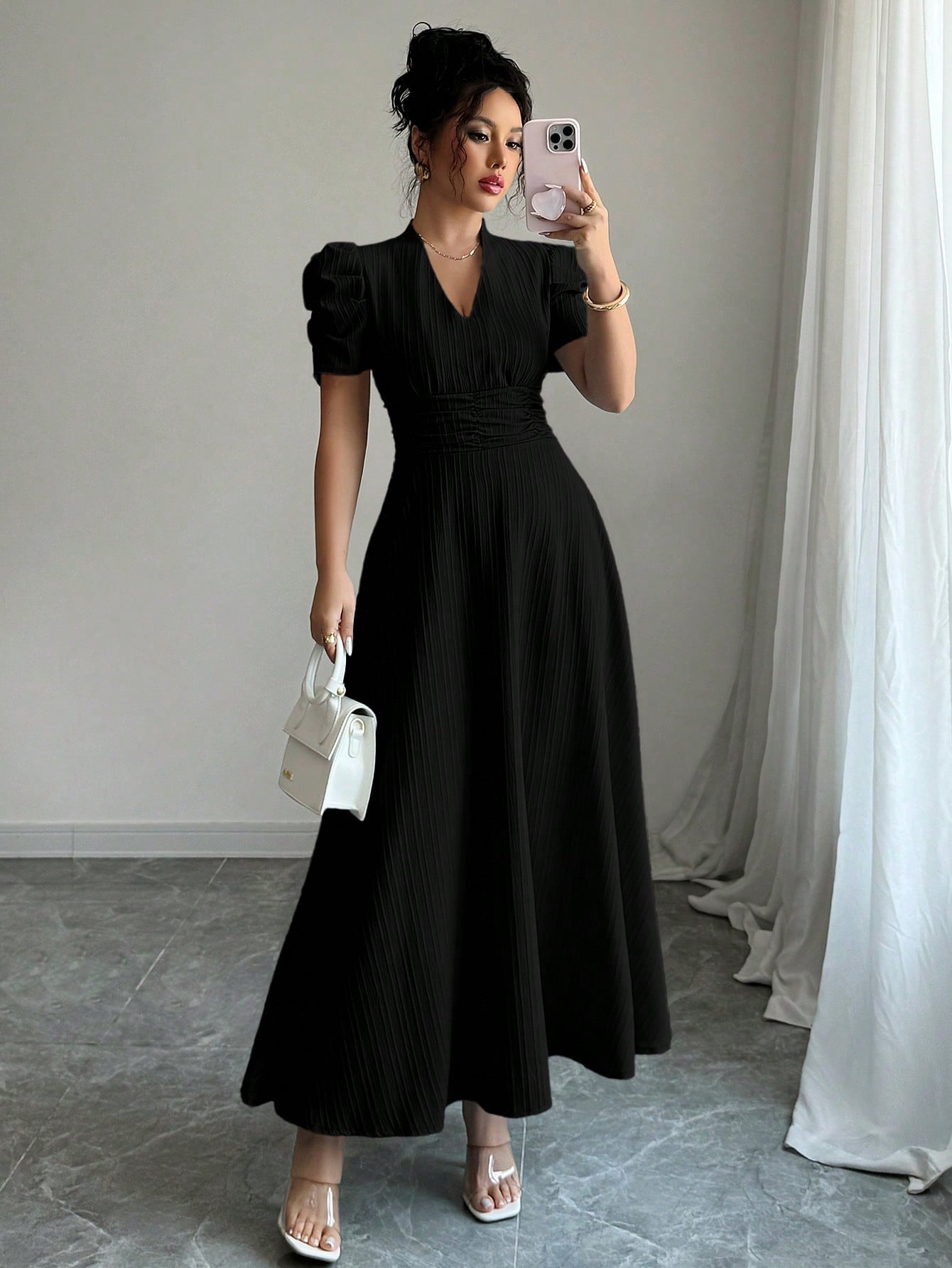 Vestido Midi Evasê Elegante Com Manga Bufante