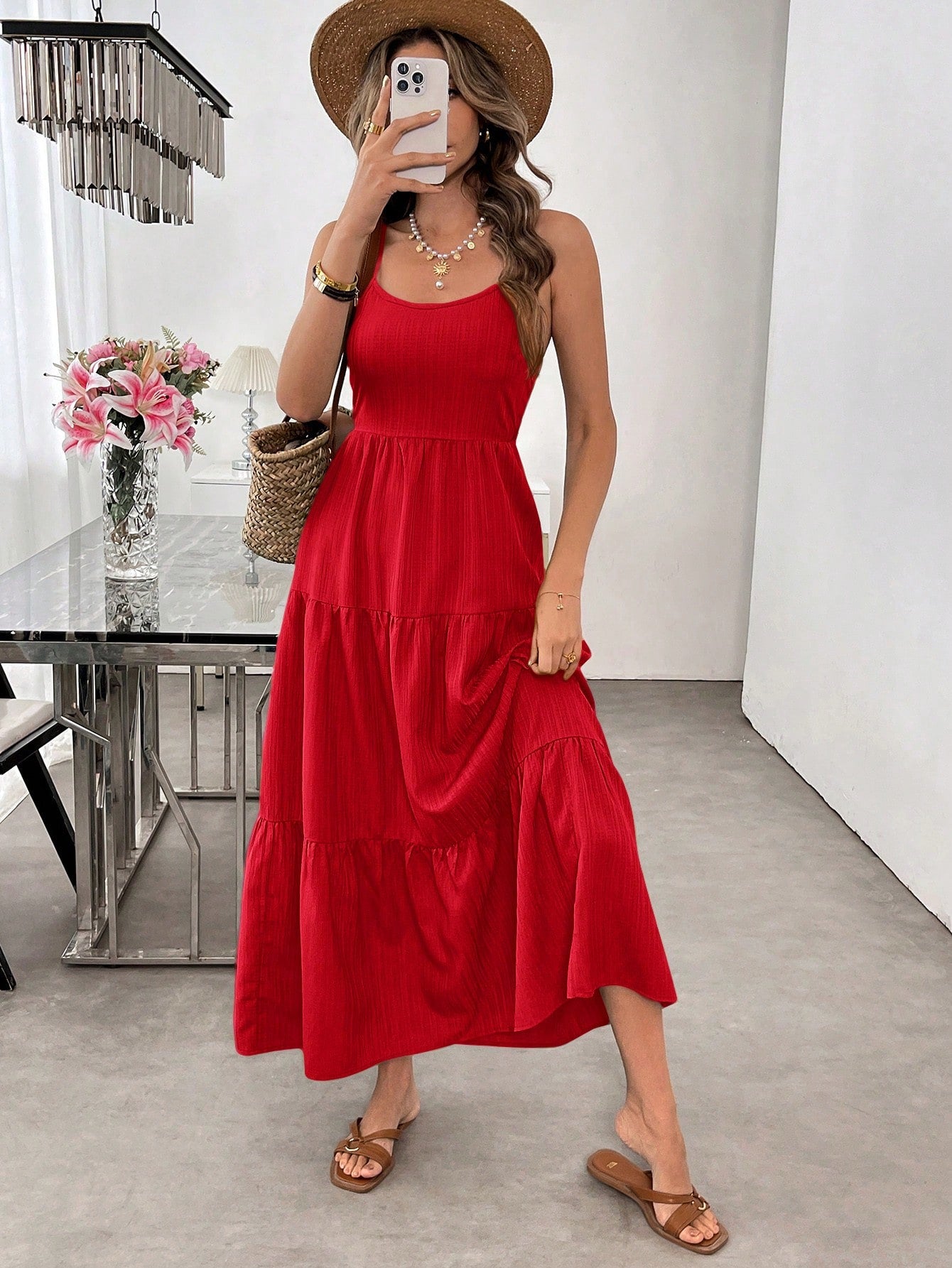 Vestido Longo Verde Com Laço Nas Costas E Camadas Fluídas