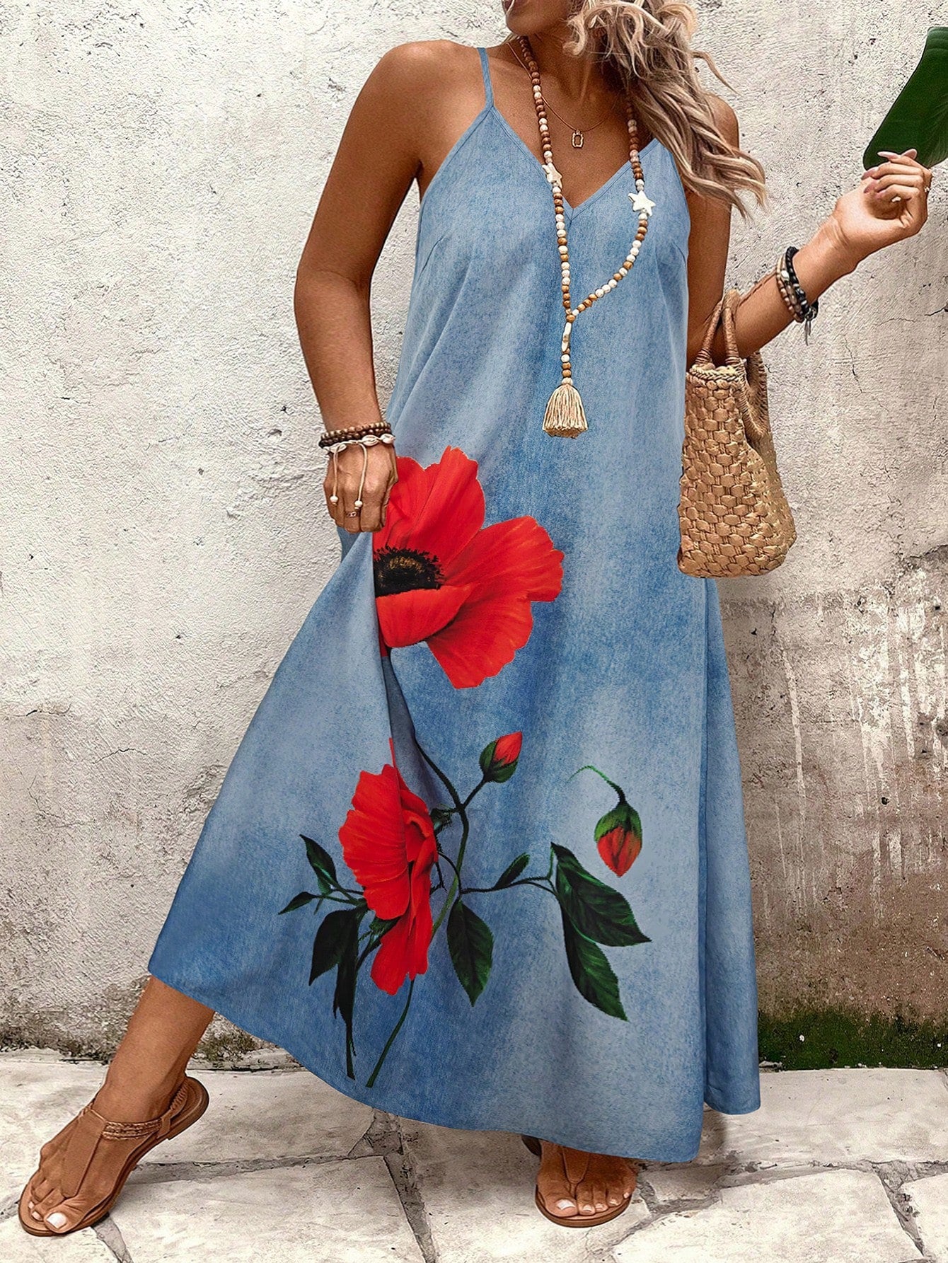 Vestido Longo Estampado Floral Alças Finas Estilo Boho