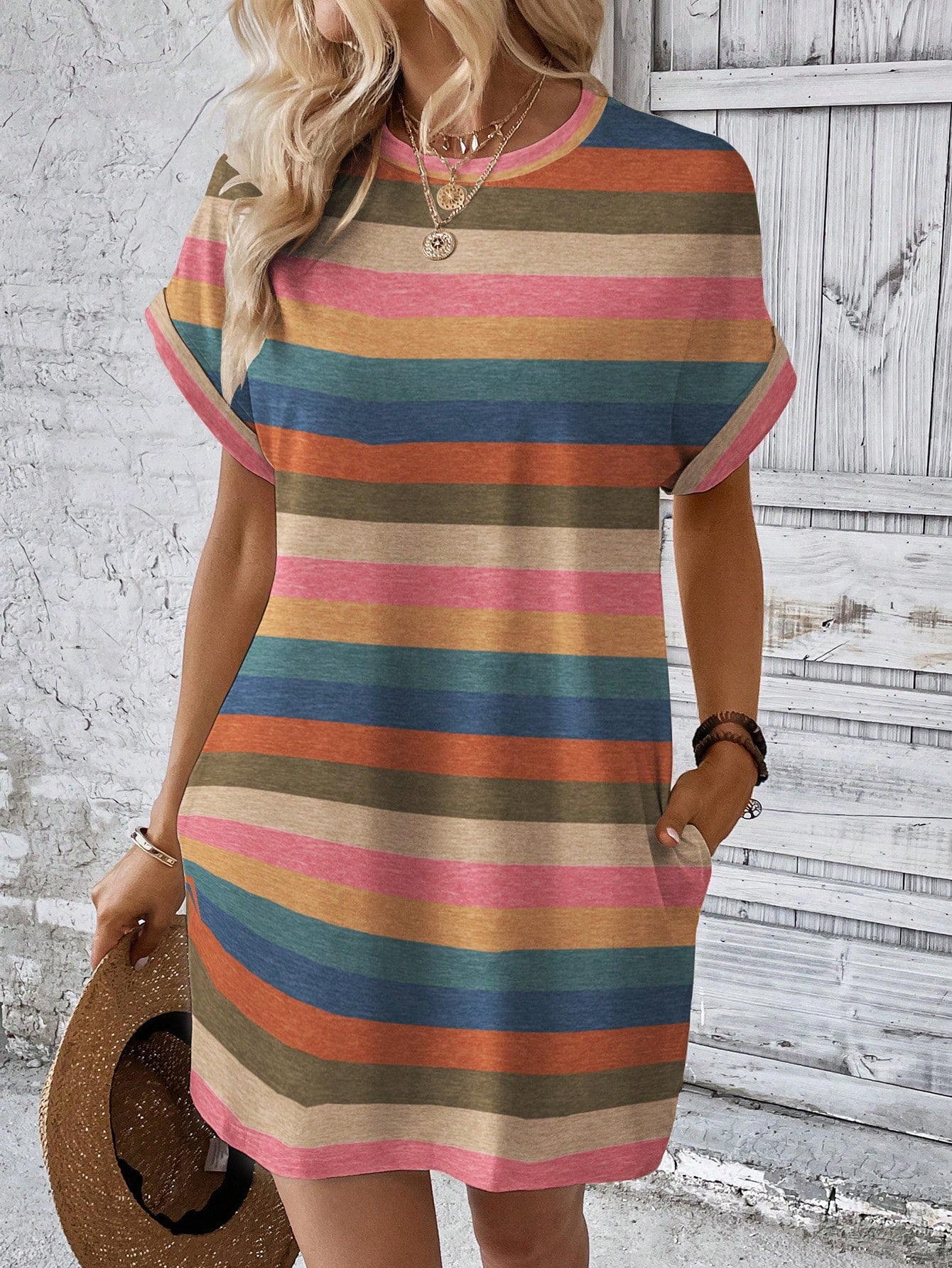 Vestido Curto Listrado Casual Com Bolsos Laterais