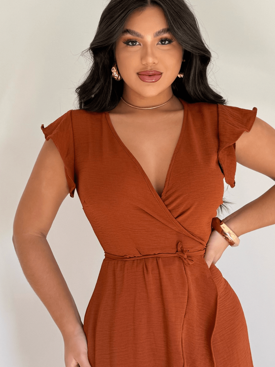 Vestido Midi Envelope Assimétrico Com Babado