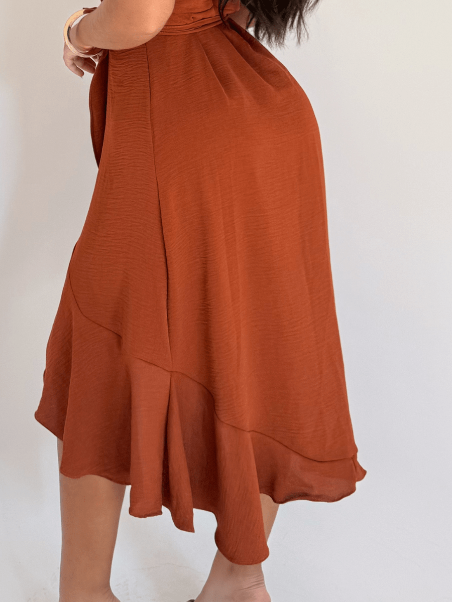Vestido Midi Envelope Assimétrico Com Babado