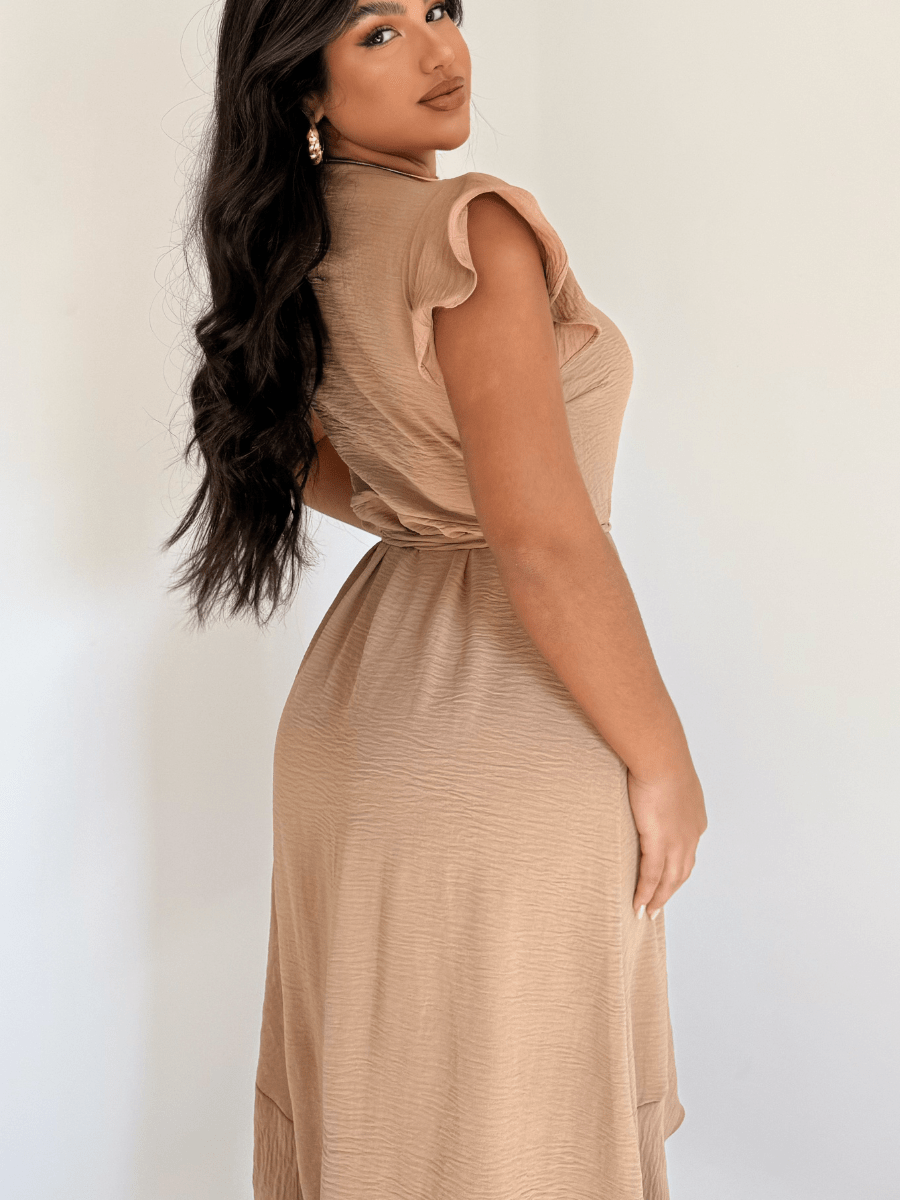 Vestido Midi Envelope Assimétrico Com Babados
