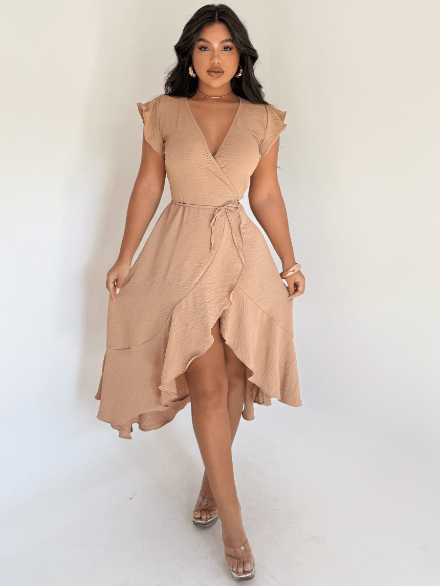 Vestido Midi Envelope Assimétrico Com Babados