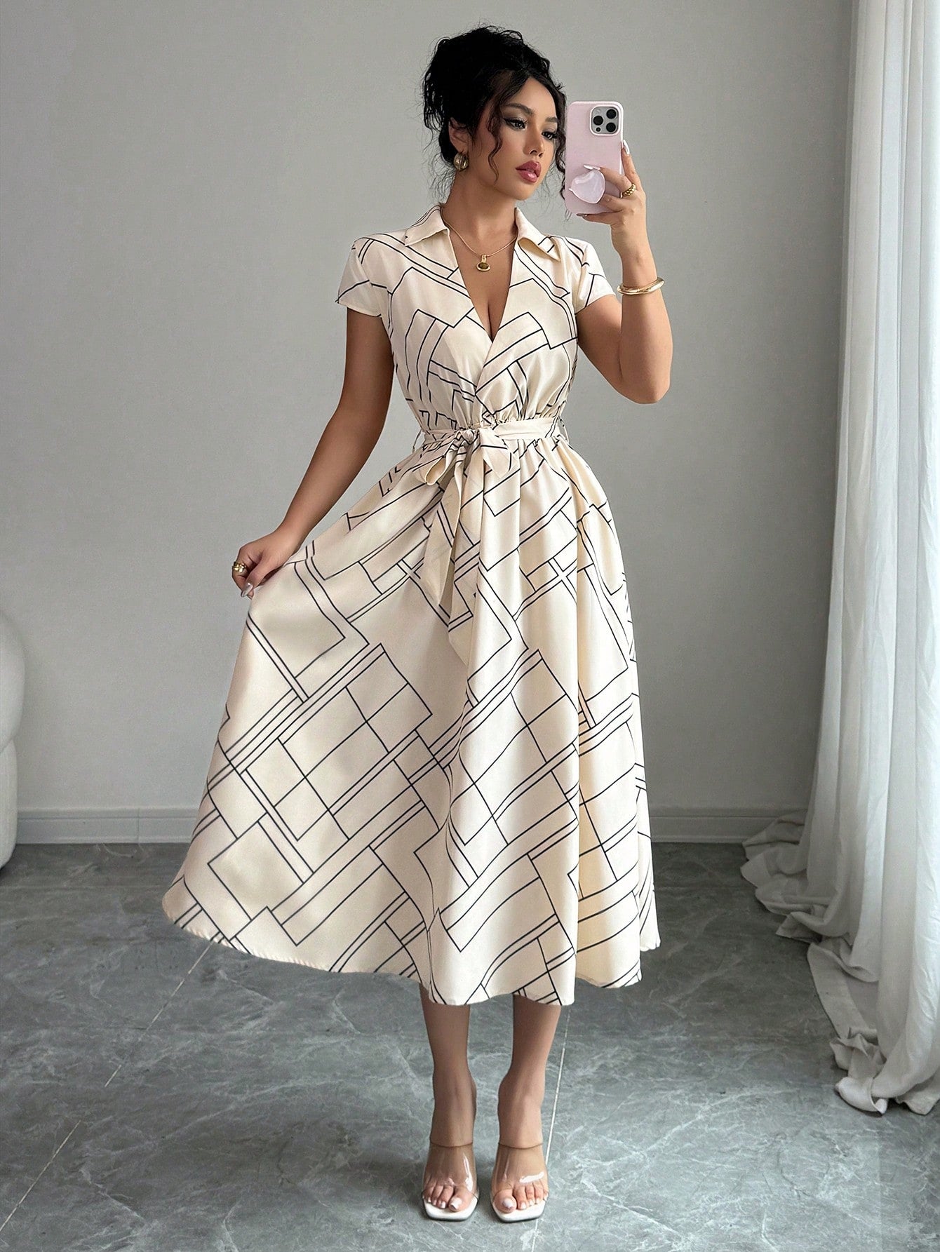 Vestido Midi Chemise Estampado Com Cinto Ajustável