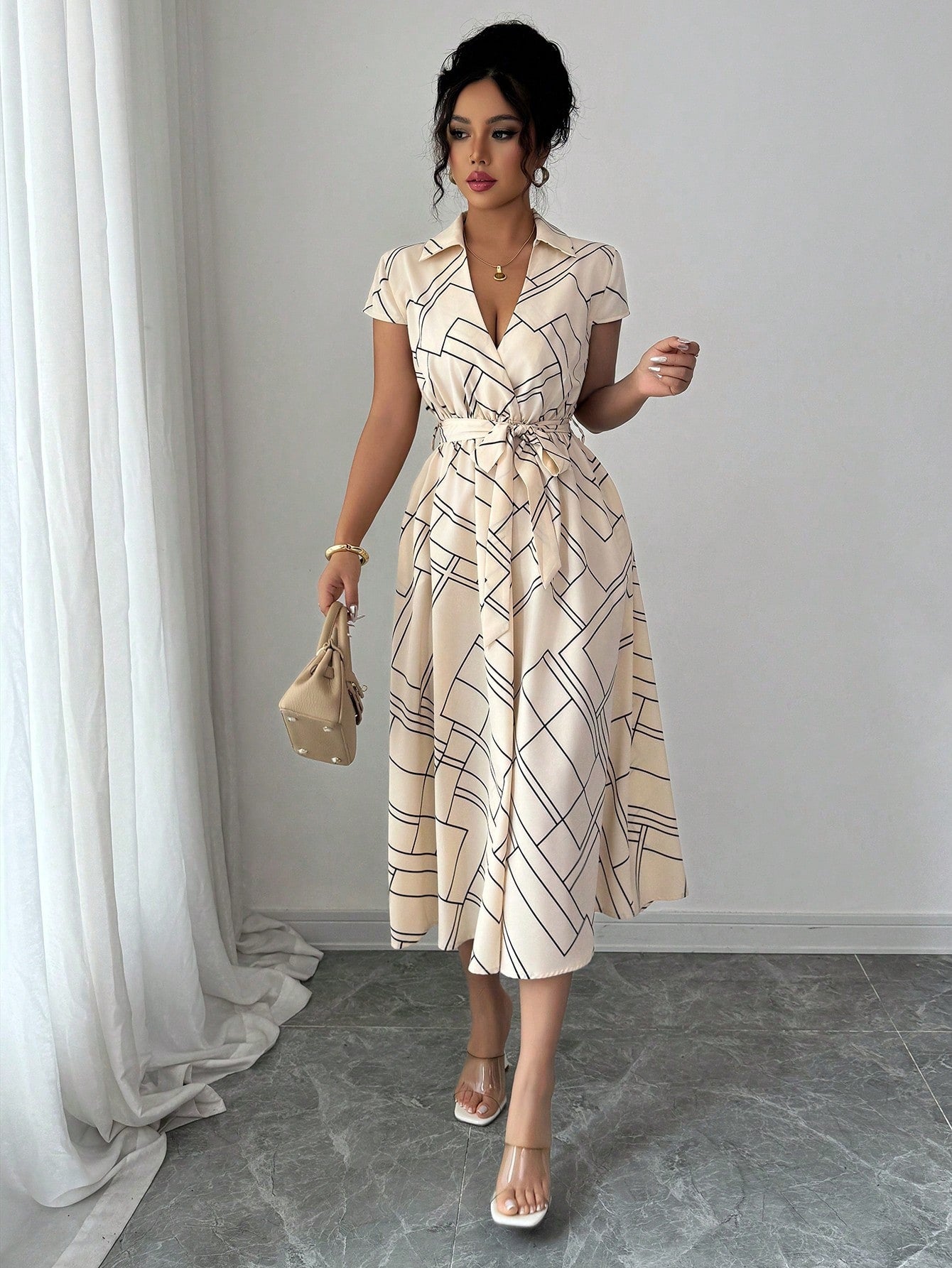 Vestido Midi Chemise Estampado Com Cinto Ajustável