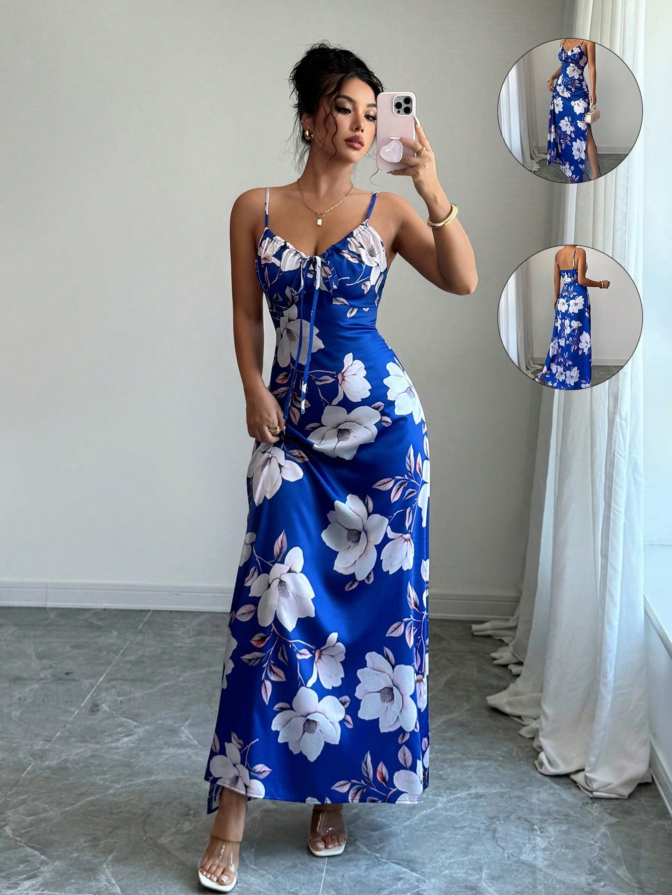 Vestido Longo De Alças Ajustáveis Estampado Floral Elegante