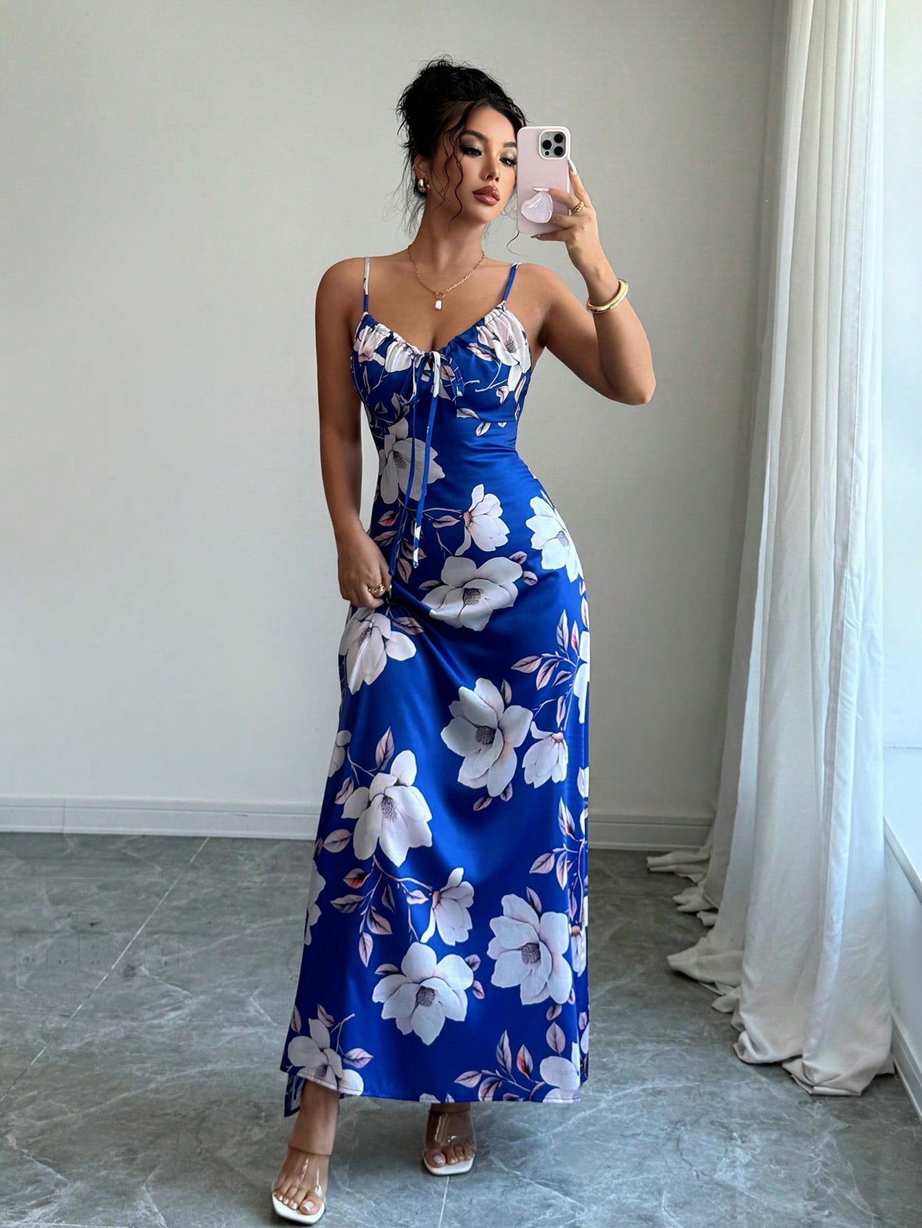 Vestido Longo De Alças Ajustáveis Estampado Floral Elegante