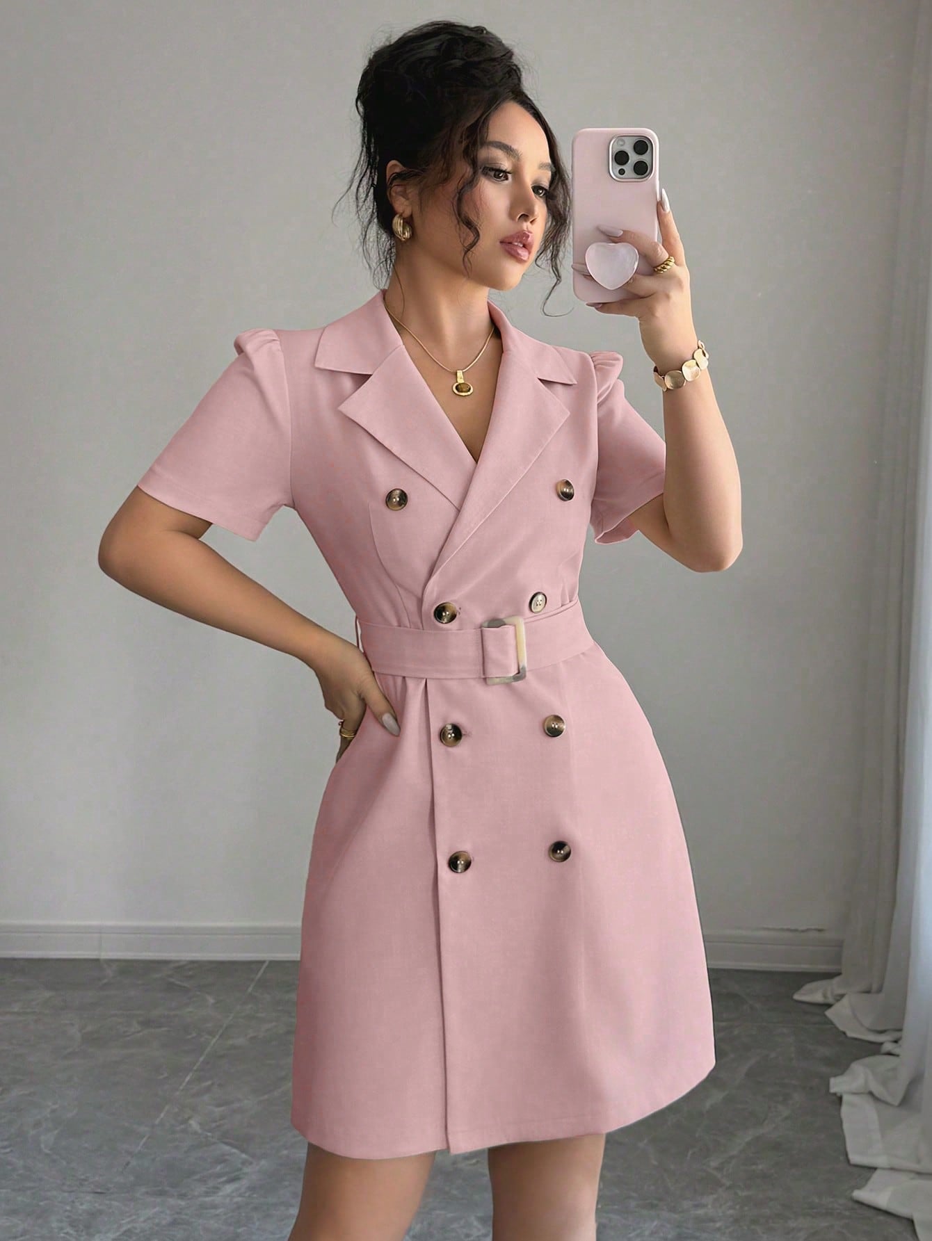 Vestido Blazer Curto Alfaiataria Com Cinto E Botões