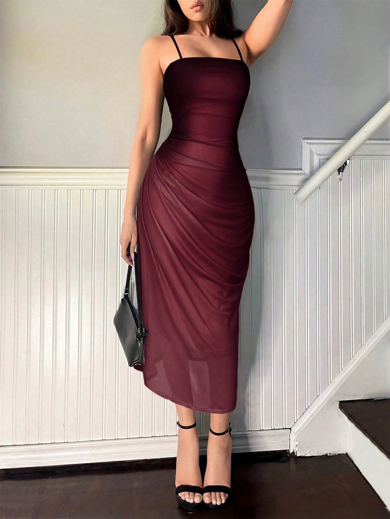 Vestido Midi Slip Dress Justo Draped Lateral Elegante