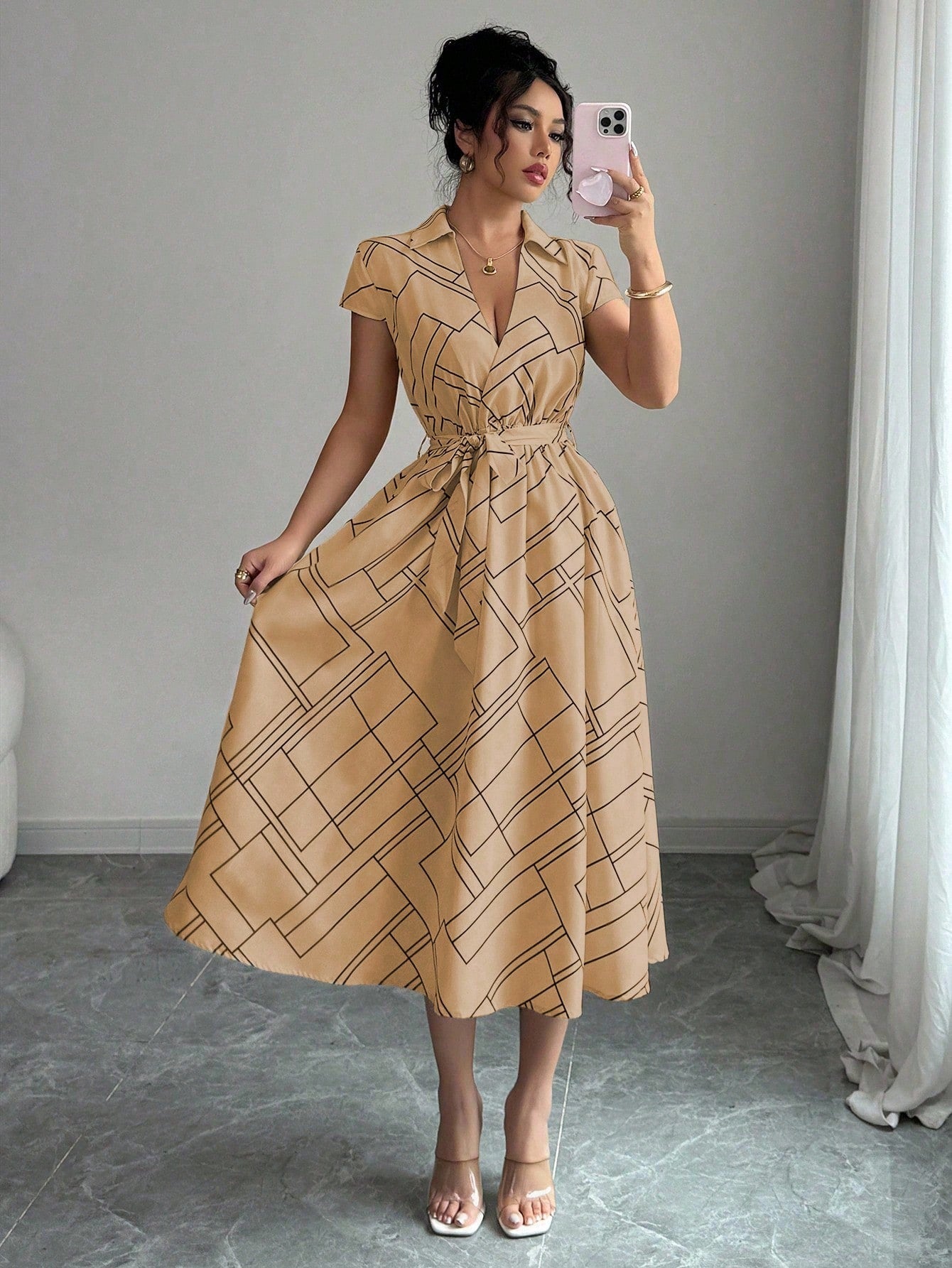 Vestido Midi Chemise Estampado Com Cinto Ajustável
