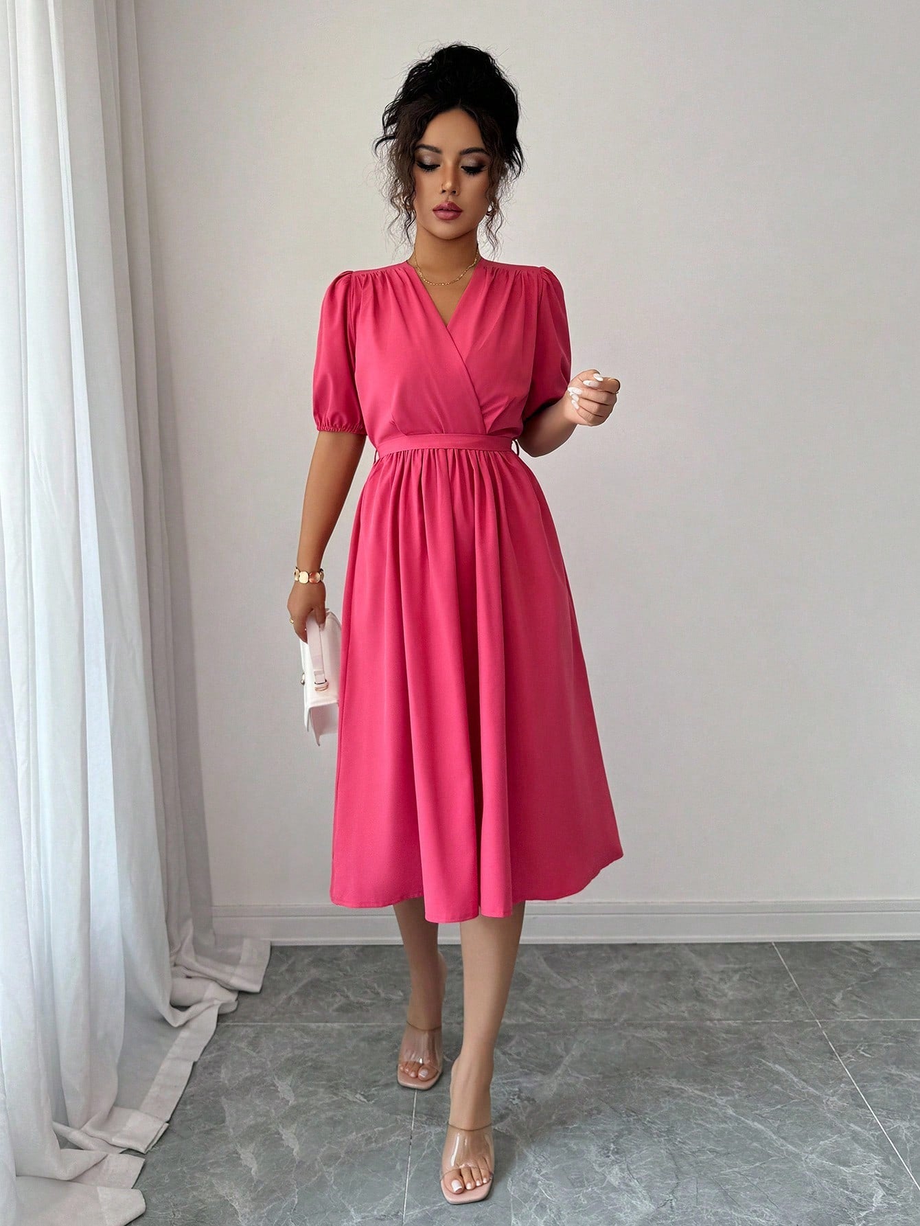 Vestido Midi Evasê Liso Estilo Casual Sofisticado