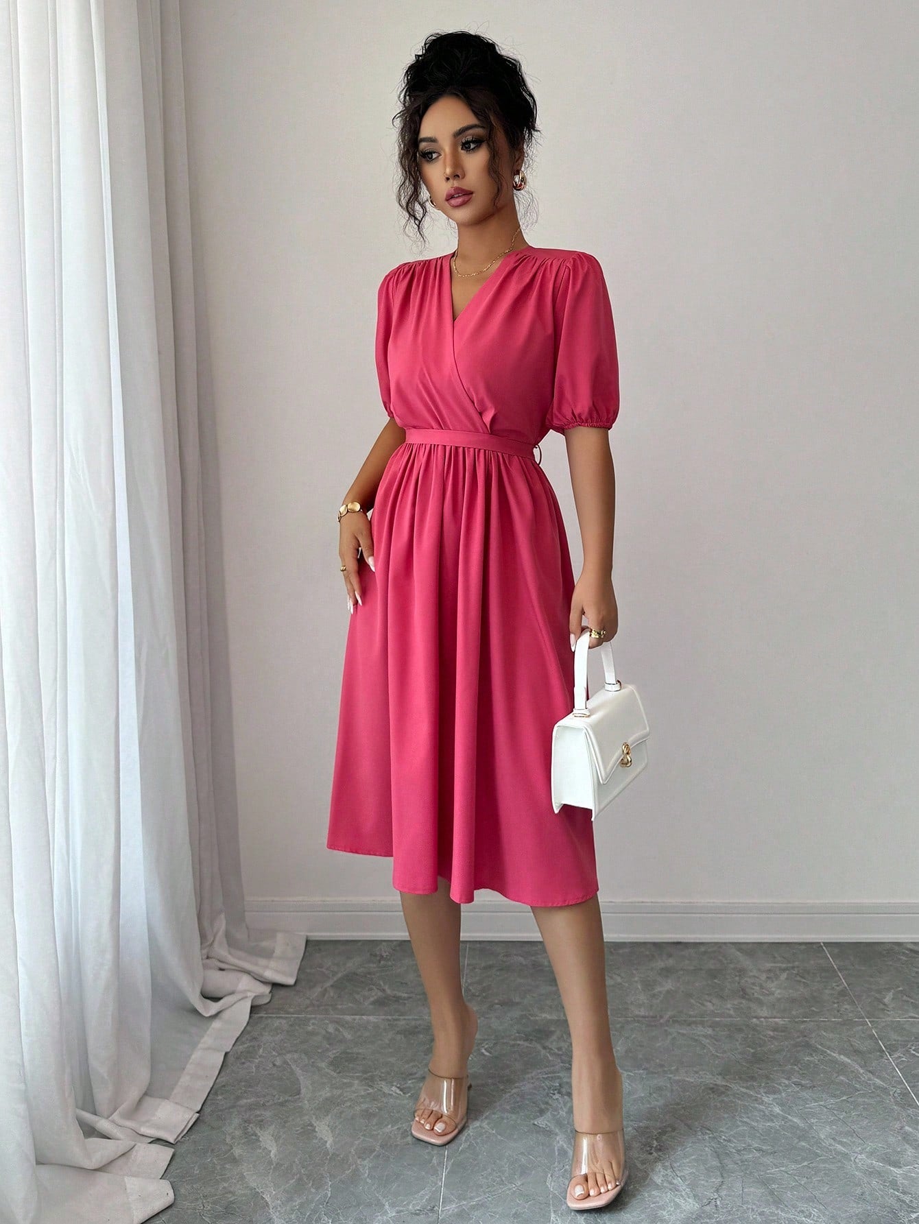 Vestido Midi Evasê Liso Estilo Casual Sofisticado