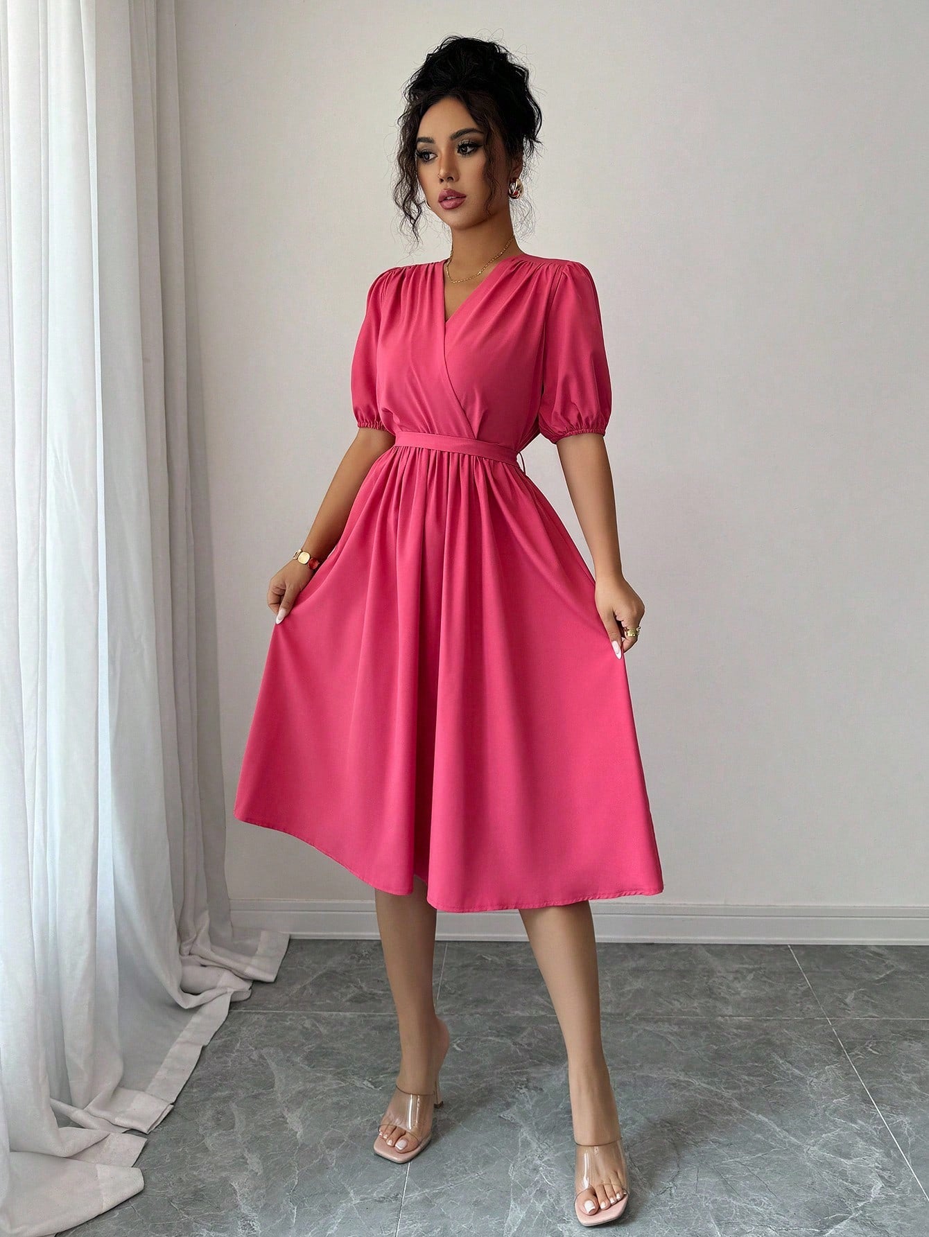 Vestido Midi Evasê Liso Estilo Casual Sofisticado
