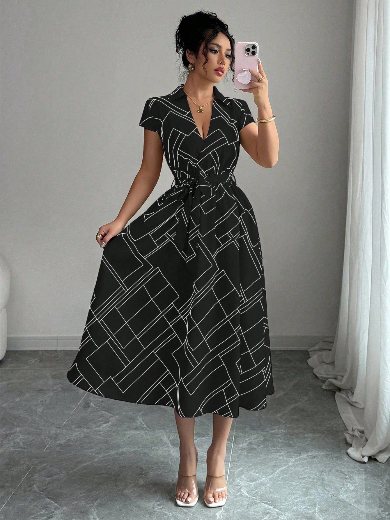Vestido Midi Chemise Estampado Com Cinto Ajustável