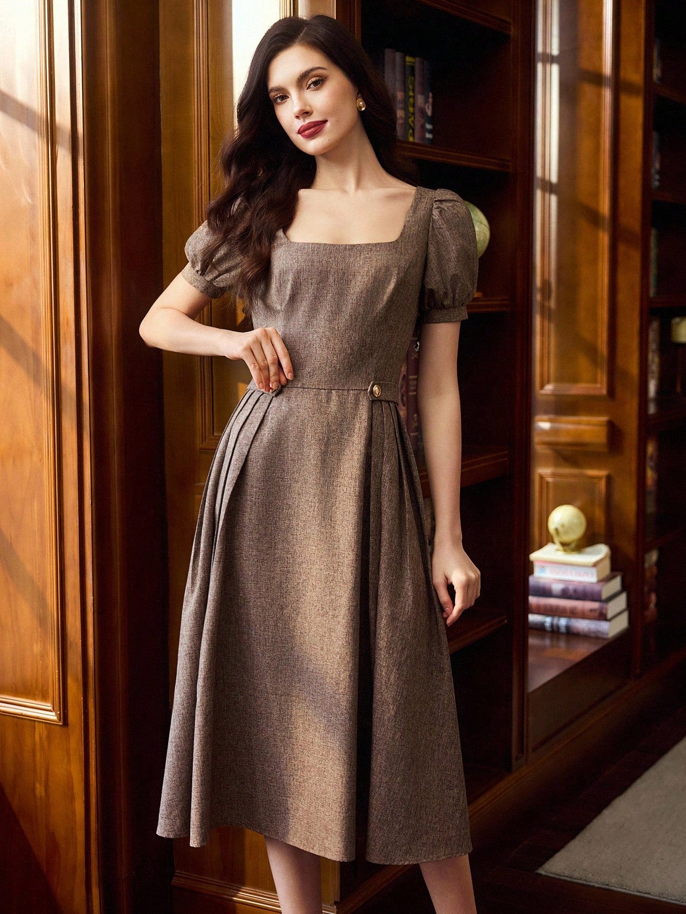 Vestido Midi Evasê Elegante Decote Reto Com Manga Bufante